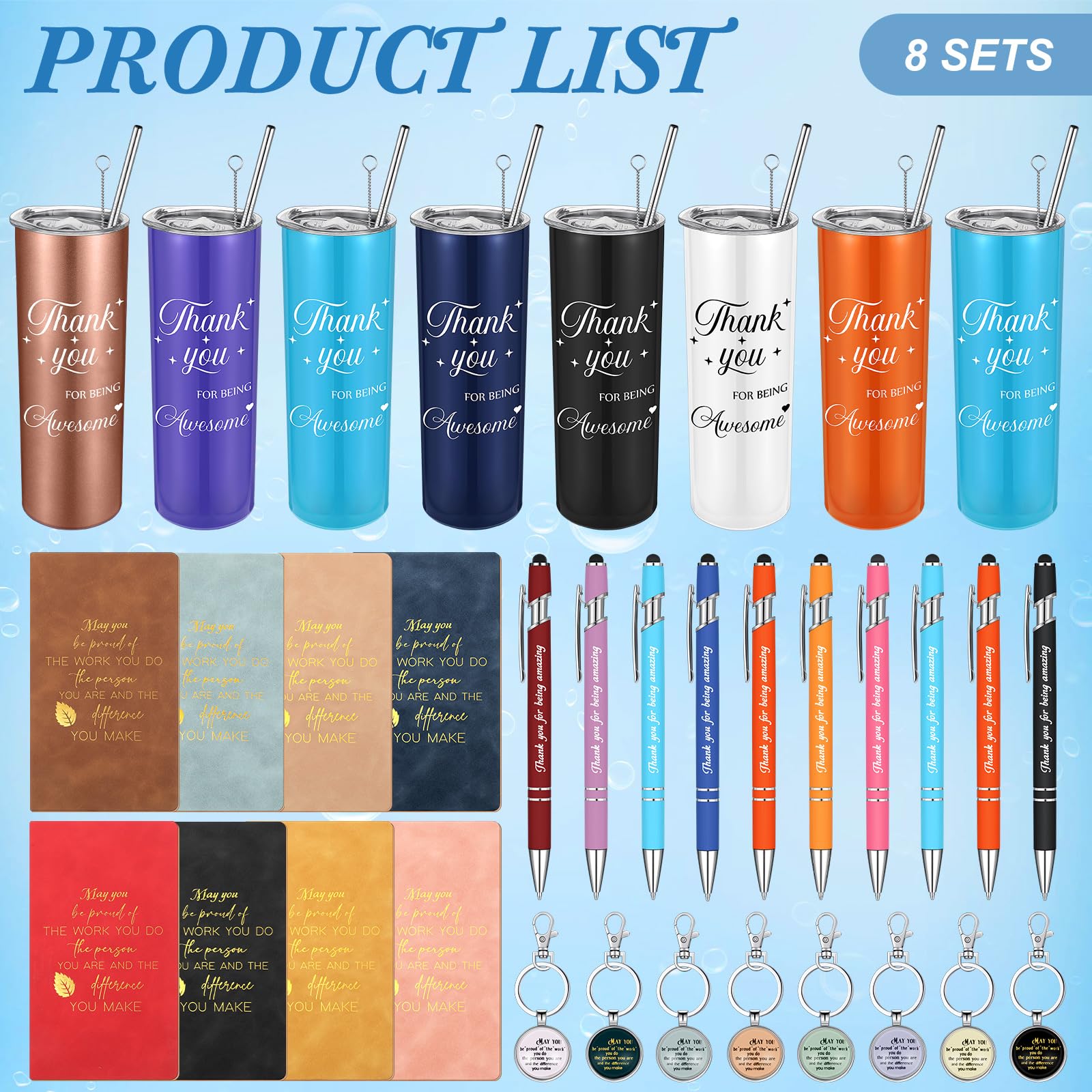 Ireer Regalos de agradecimiento a empleados, regalos de compañeros de trabajo, regalos de agradecimiento a granel para mujeres y hombres, vaso aislado, llavero, bloc de notas (colores vibrantes, 8