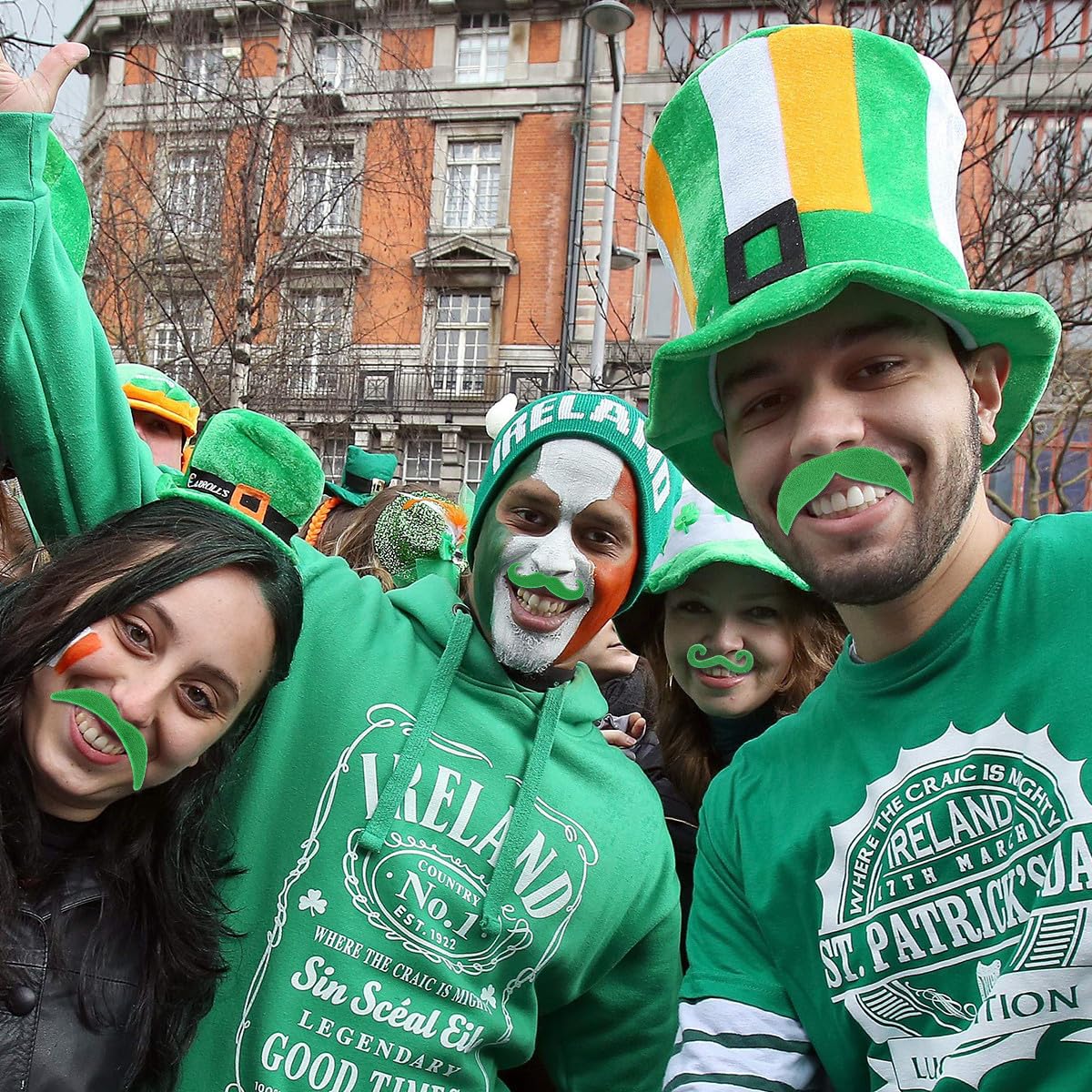 ULTECHNOVO Lot de 48 Fausses Moustaches Vertes Et Oranges pour La Saint-Patrick, Autocollantes, Accessoires de Fête.