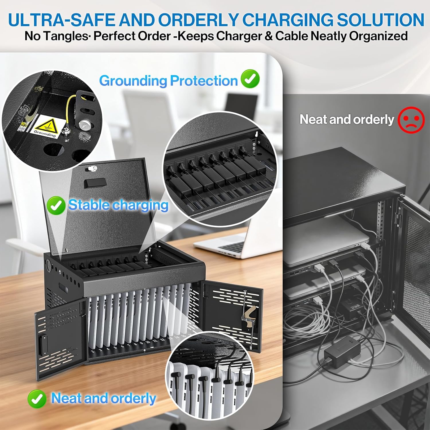 POCHAR 16-Unit Charging Cabinet for Laptops & Tablets - Locking Laptop Storage Box with Cable Management, Charger Storage, and Ground Protection for Classroom, Library, and Office (Black)