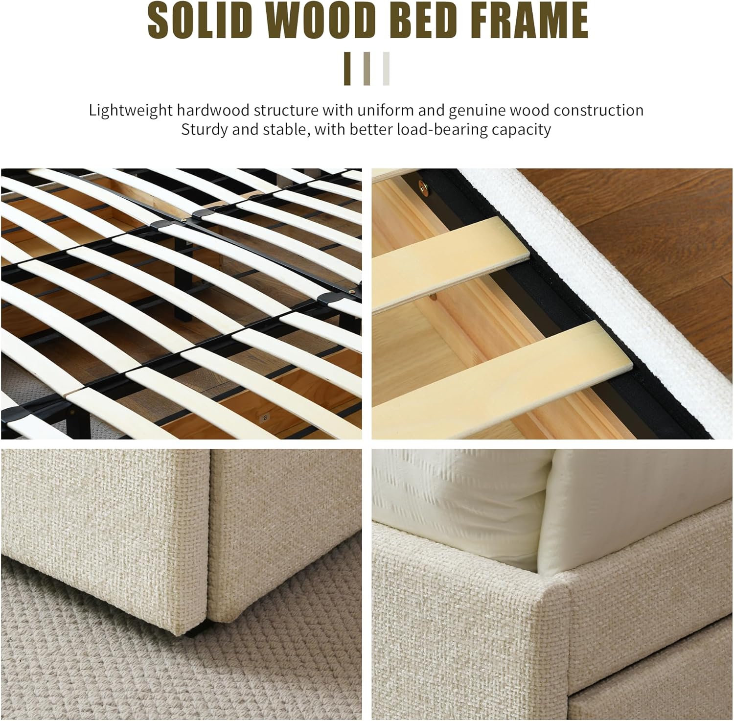 PINJU King Size Bed Frame with Storage Drawers with Linen Upholstery, Extra High Headboard, Wooden Slat Support, No Noise, Easy to Assemble (Cream, King (U.S. Standard))