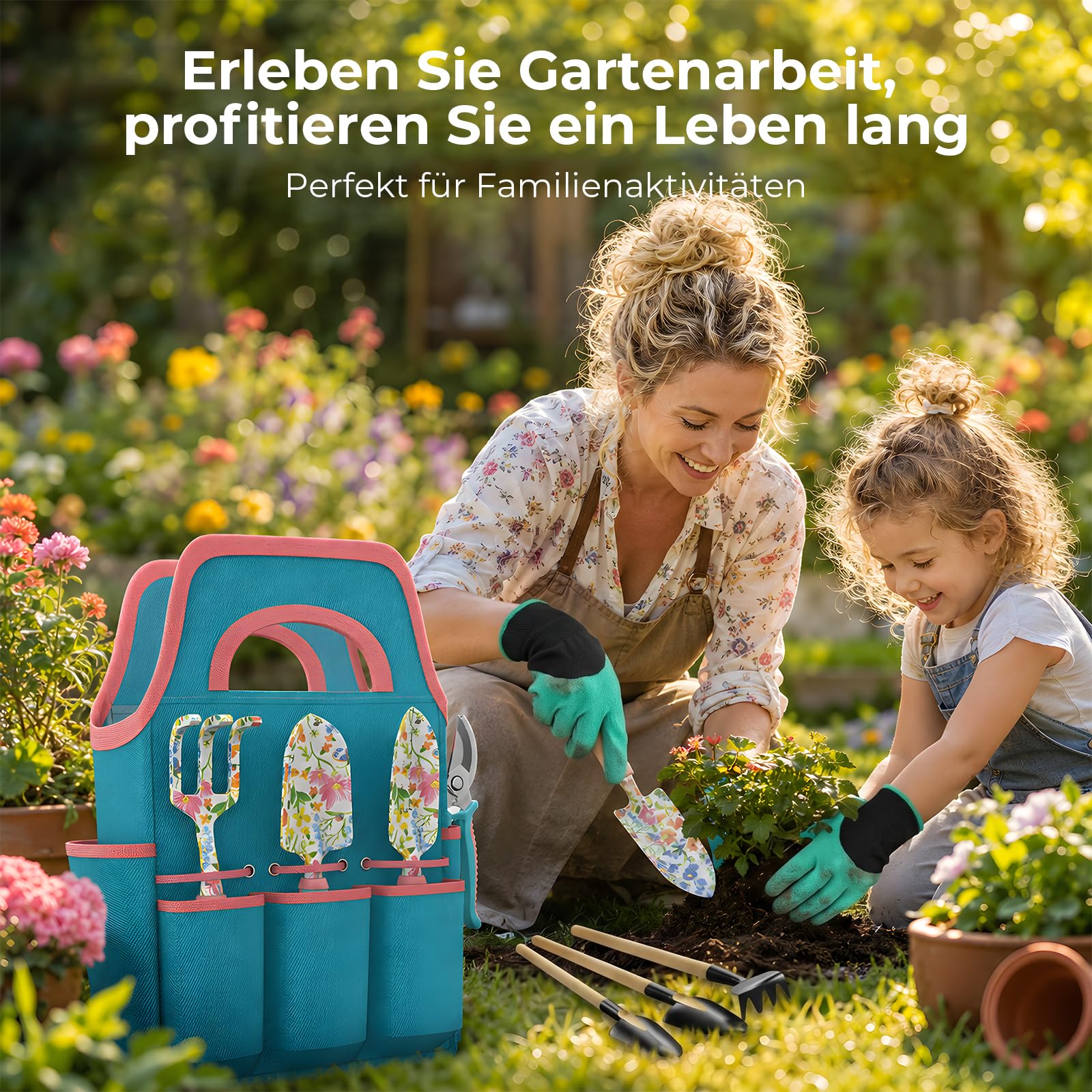 9-teiliges Gartengeräte-Set, Garten-Handwerkzeuge aus Aluminiumlegierung Starter-Kit mit Gartentasche, Robustes Outdoor-Werkzeug-Set mit ergonomischem Griff, Garten-Geschenke (Blumenmuster)