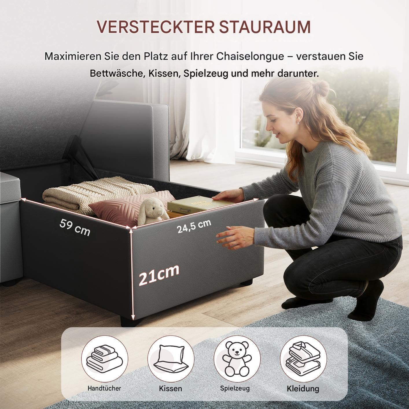 Eck-Schlafsofa 3-Sitzer mit Stauraum und praktischen Laufrollen Dunkelgrau | mit Geräuschlose Laufrollen und Integrierter Stauraum Katzenkratzfestes Kunstleder Dunkelgrau für Wohnzimmer