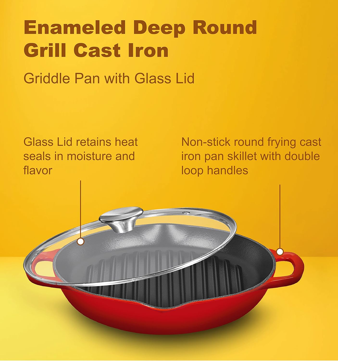 Bruntmor Red Enameled Deep Round Grill Cast Iron Griddle Pan with Glass Lid 10 Inch Non-Stick Round Frying Pan Cast Iron Skillet with Double Loop Handles, Safe for Oven, Induction, all Cooking tops
