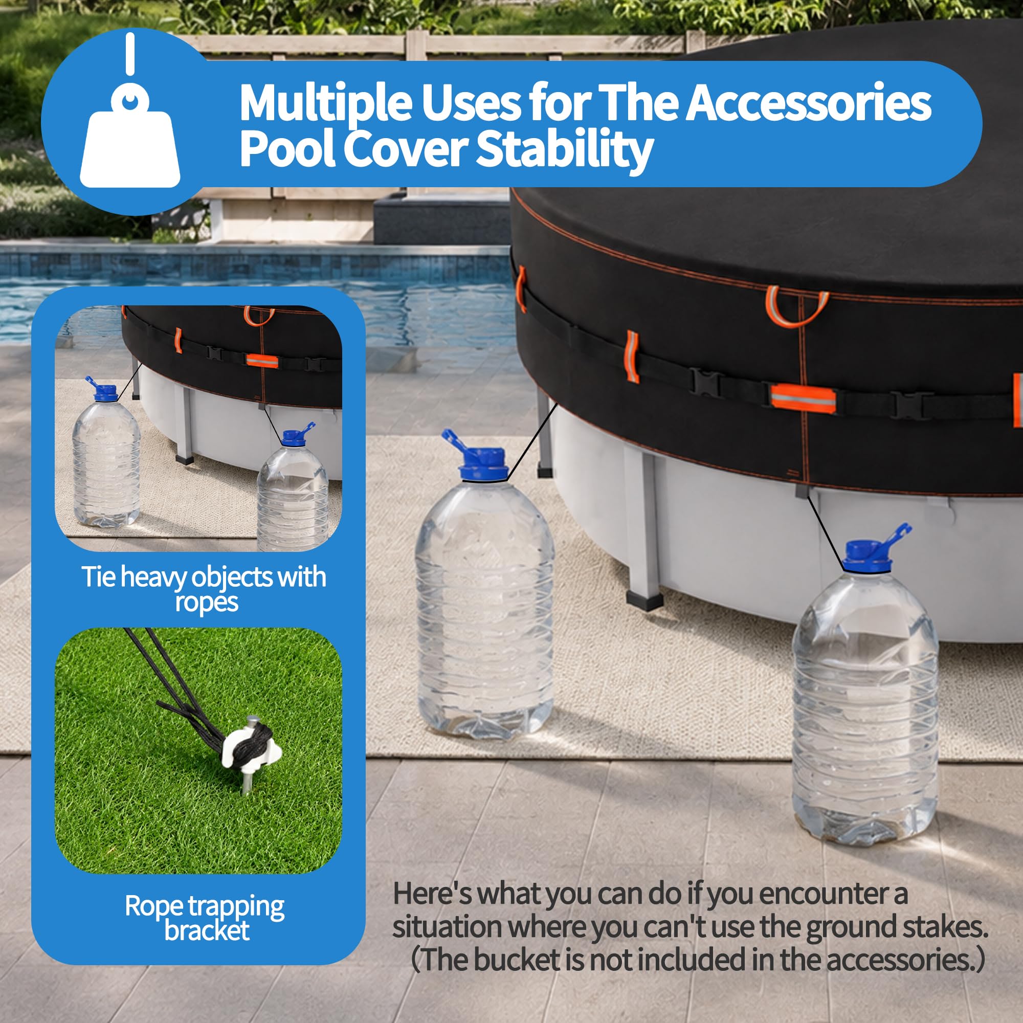 Cubierta redonda 500D para piscinas sobre el suelo, cubierta de piscina resistente al desgarro de uso intensivo con cordón, correa reforzada y clavijas de suelo, protección UV resistente al