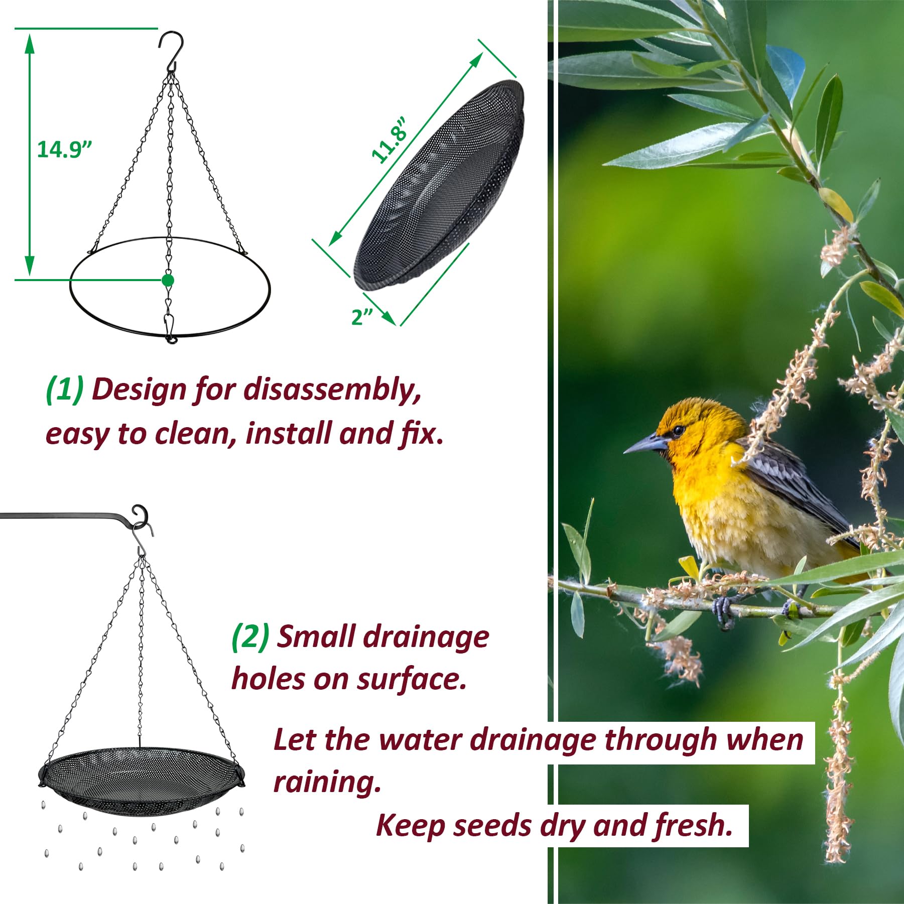 CQAIRIOU Wysokiej Jakości Wisząca Taca do Karmnika dla Ptaków, 30 cm, Duża Platforma, Siatka ze Stali Nierdzewnej, Karmnik dla Dzikich Ptaków na Zewnątrz