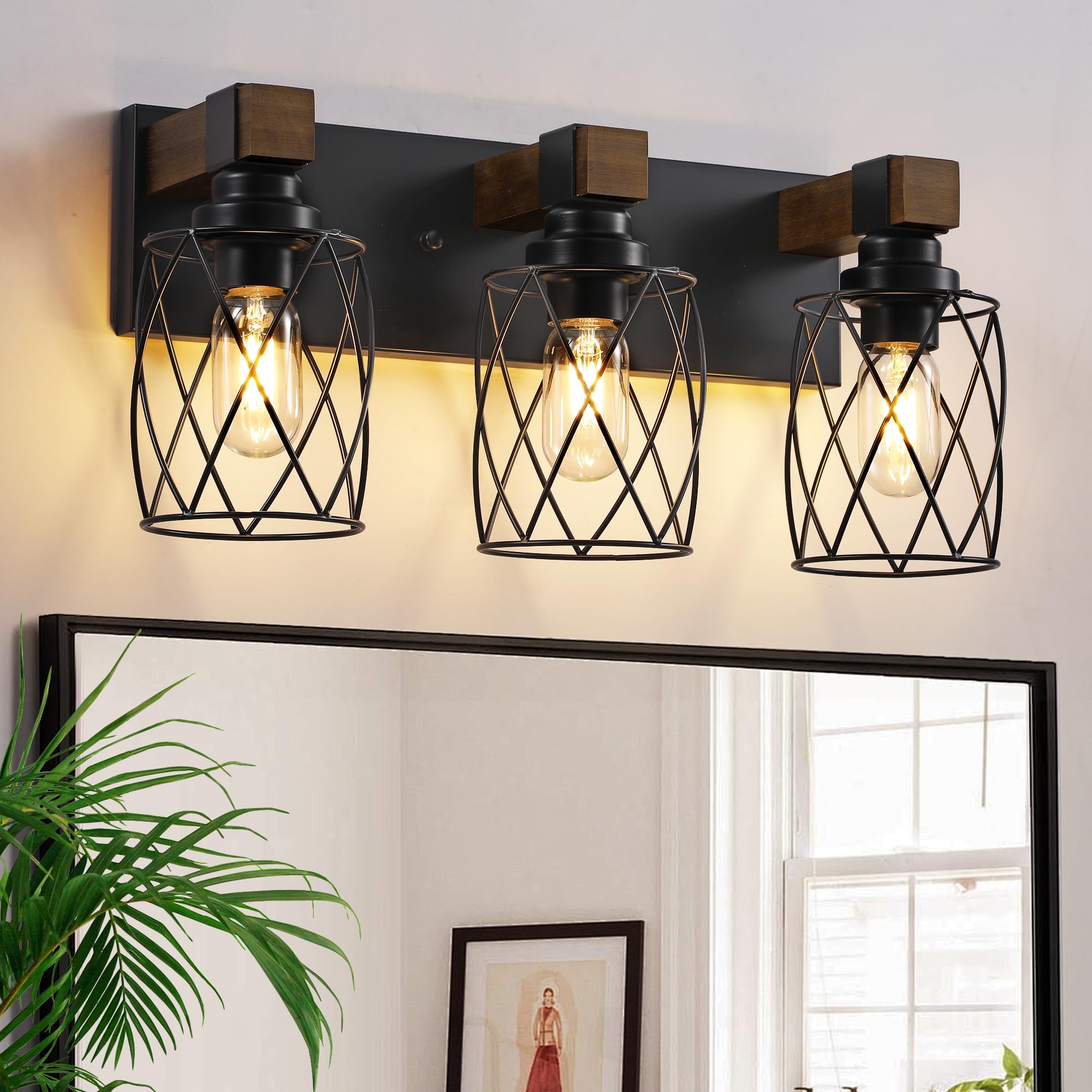 XvmBvm Farmhouse Bathroom Vanity Light, 3-Light Wood Bathroom Light Fixtures Over Mirror, Black Industrial Vanity Lights with Metal Shade, Rustic Bathrooms Lighting for Living Room, Bedroom, Hallway