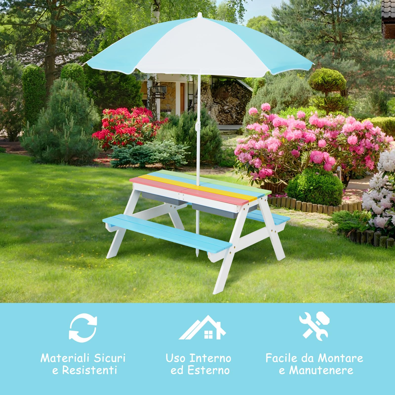 COSTWAY Set Tavolo e Sedie per Bambini da Giardino 3 in 1, con Ombrellone Rimovibile e Regolabile, Piano Rimovibile, Tavolo con Panche in Legno per Bambini da Interno Esterno (Blu e Bianco)