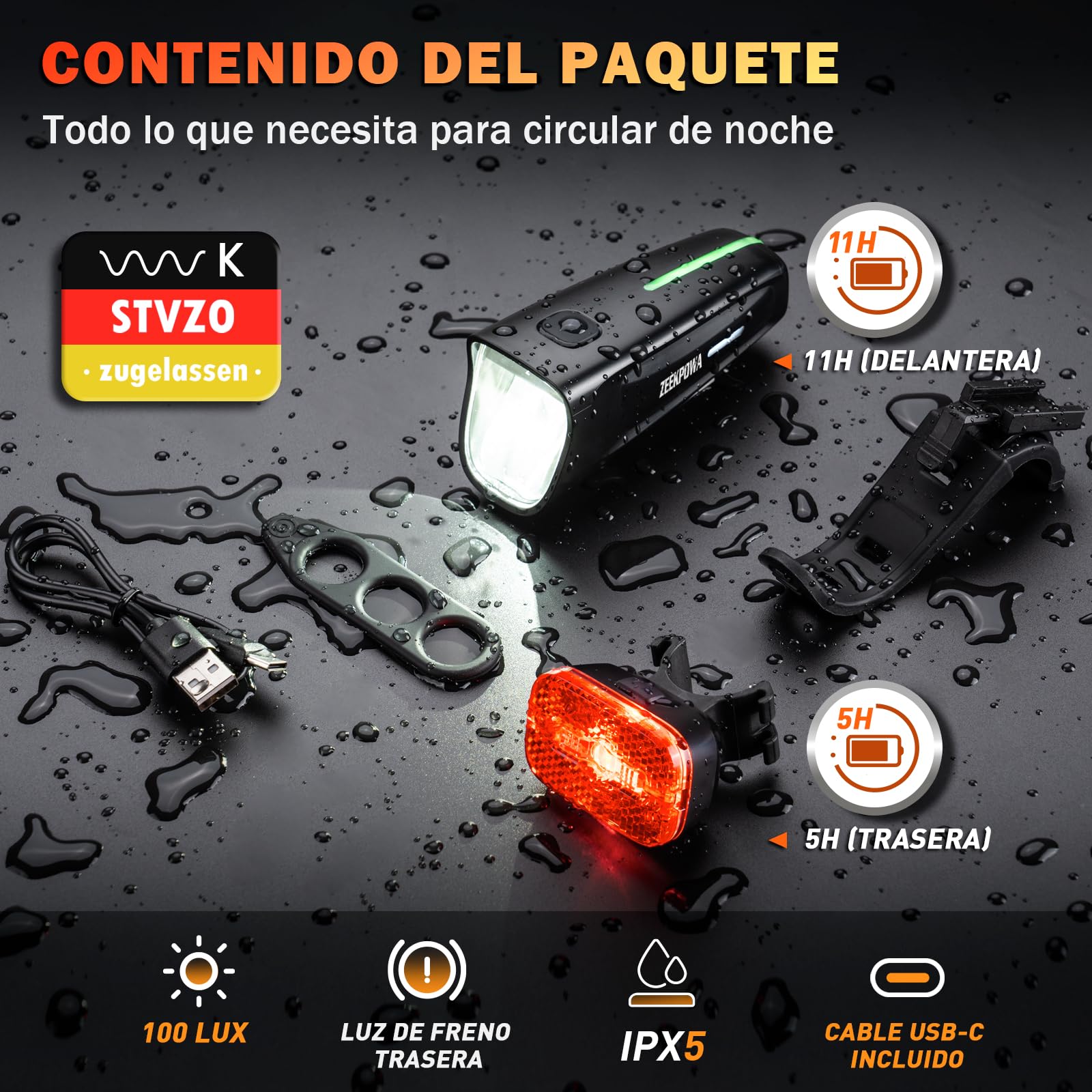 Juego de luces para bicicleta (100 lux, StVZO, batería USB-C, luz delantera + luz trasera con función de luz de freno, resistente al agua IPX5, para desplazamientos y conducción nocturna)