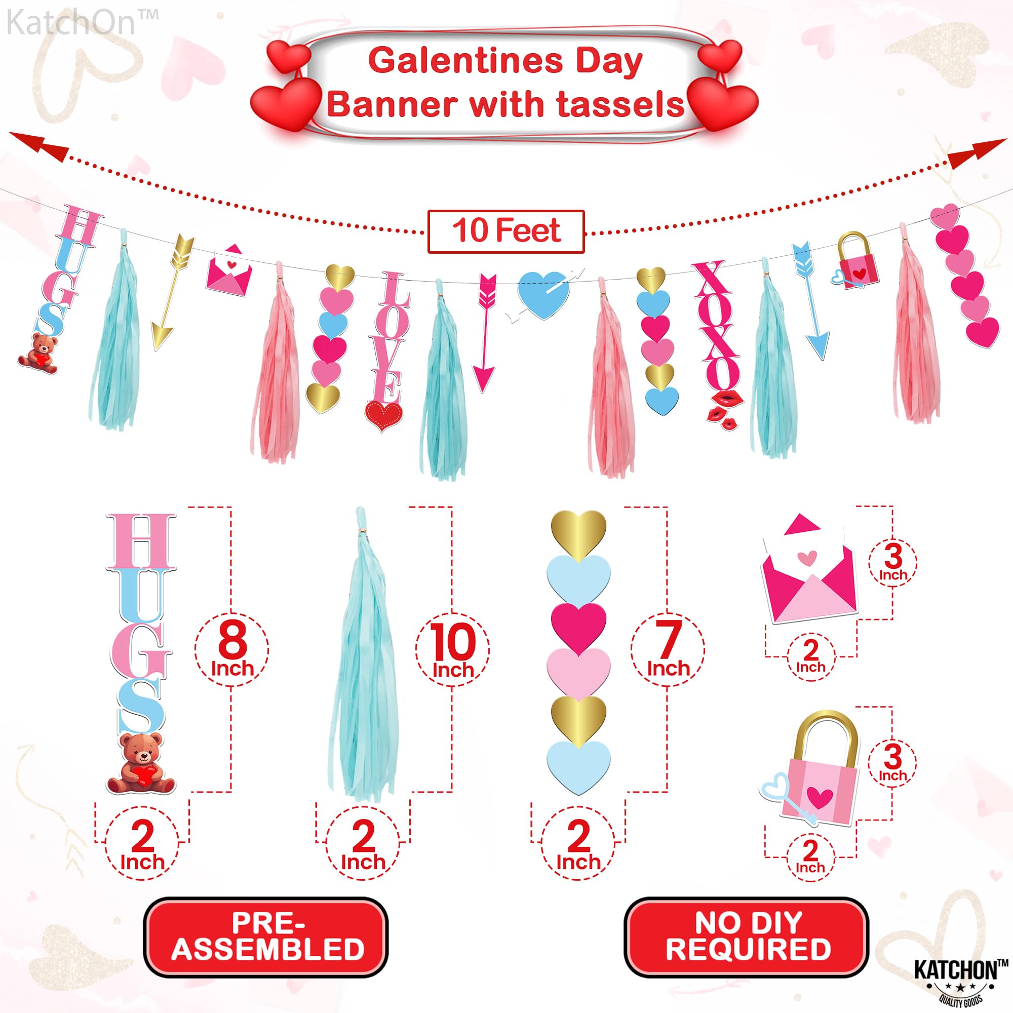 KatchOn, Valentines Day Garland with Tassels - 10 Feet, 2 Strings, No DIY | Multicolor Galentine Banner, Valentines Day Decorations | Valentines Day Banner, XOXO Garland, Galentines Day Decorations