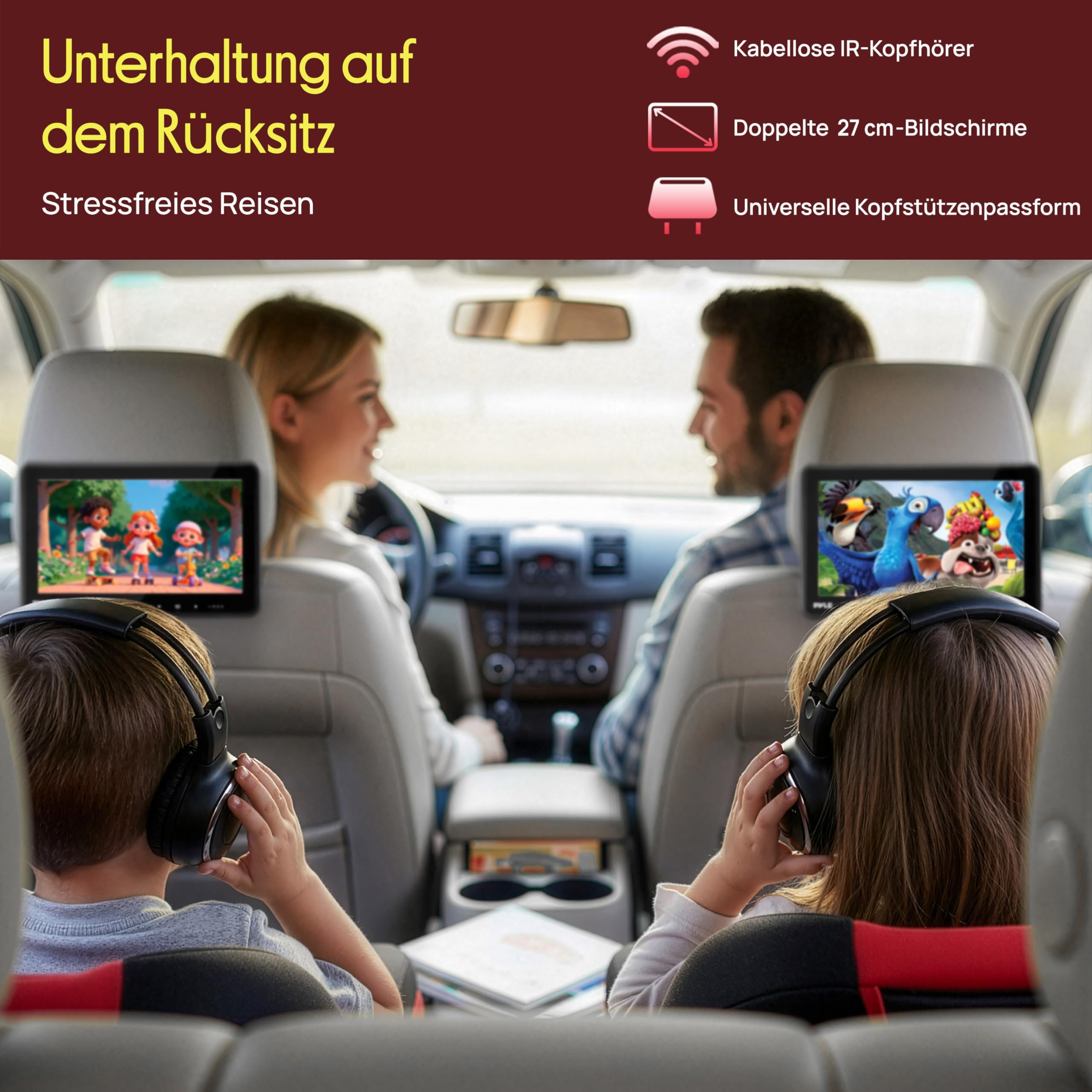 Pyle DVD Player Auto - 2 Kopfstützen Monitore 10,5" (27 cm) für Rücksitz - HDMI Auto Fernseher für Kinder mit Kopfhörer, USB SD AV In/Out
