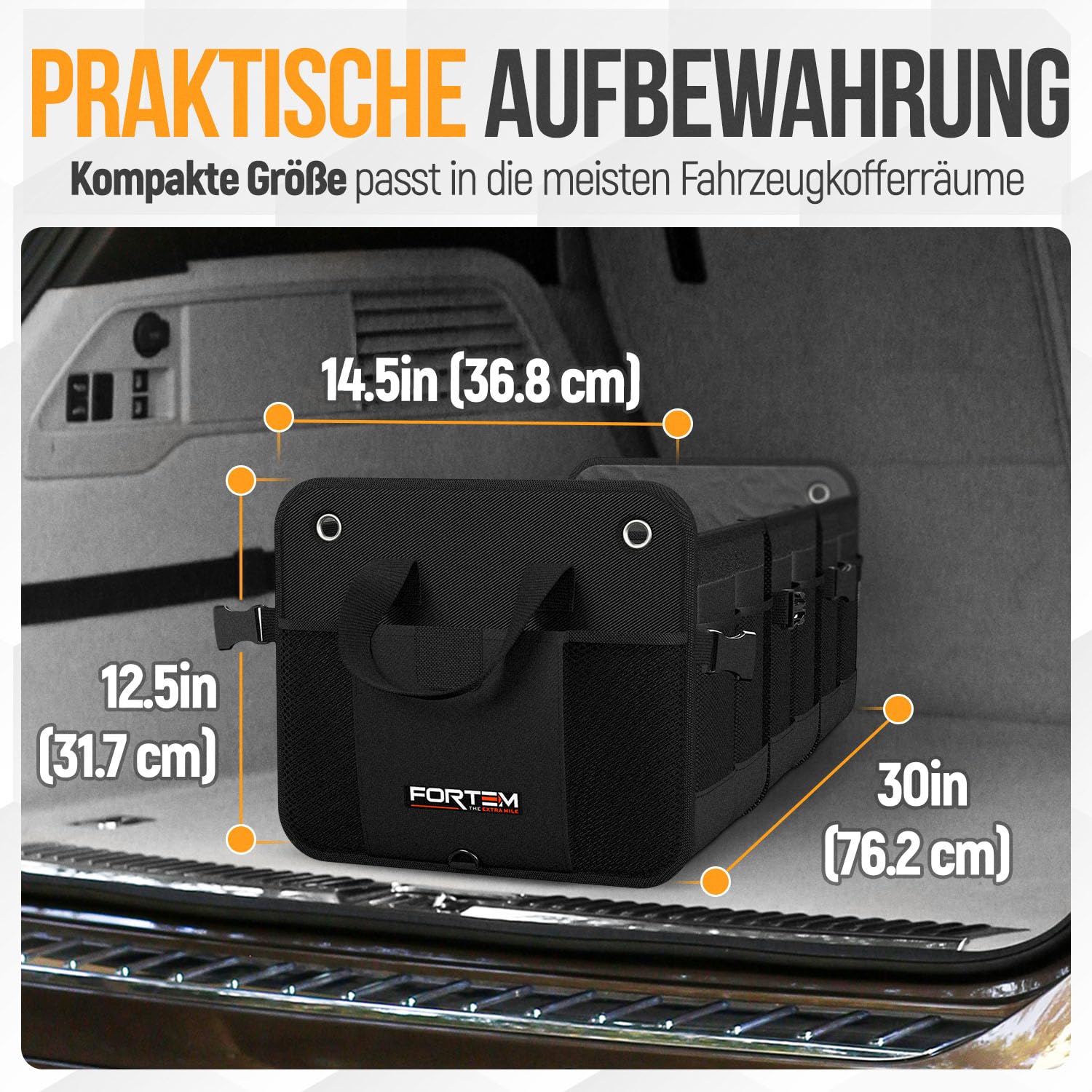 FORTEM Kofferraum Organizer, Zusammenklappbarer Auto Organizer mit Fächern, Rutschfester Boden, Verstellbare Sicherungsriemen, Klappbarer Deckel (90L)