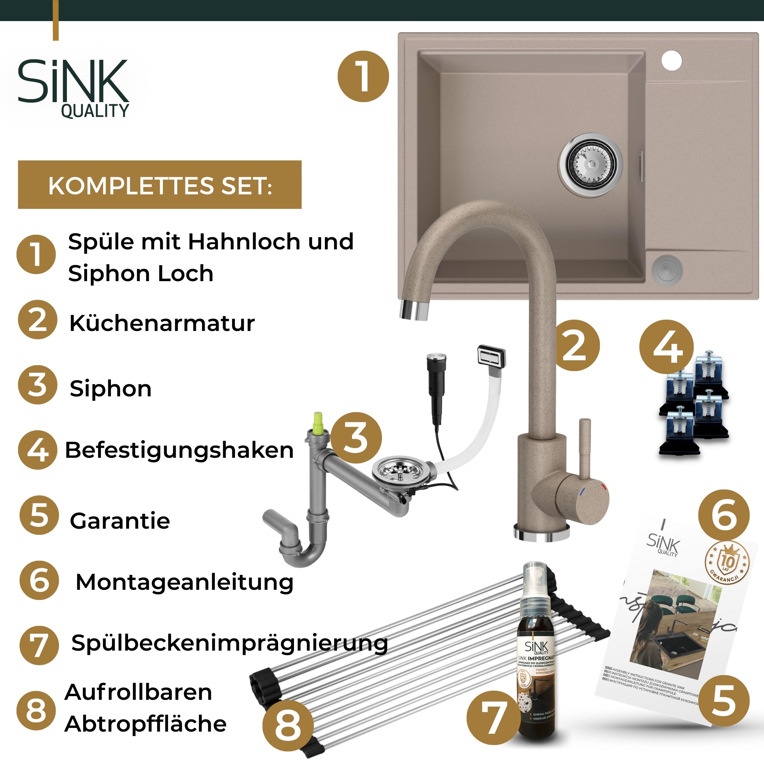 SINK Quality zlewozmywak beżowy z armaturą zestaw 62 x 46 – zlewozmywak z kranem, syfon, push, ociekacz, środek impregnujący – kompletny zestaw do szafki pod umywalkę 55