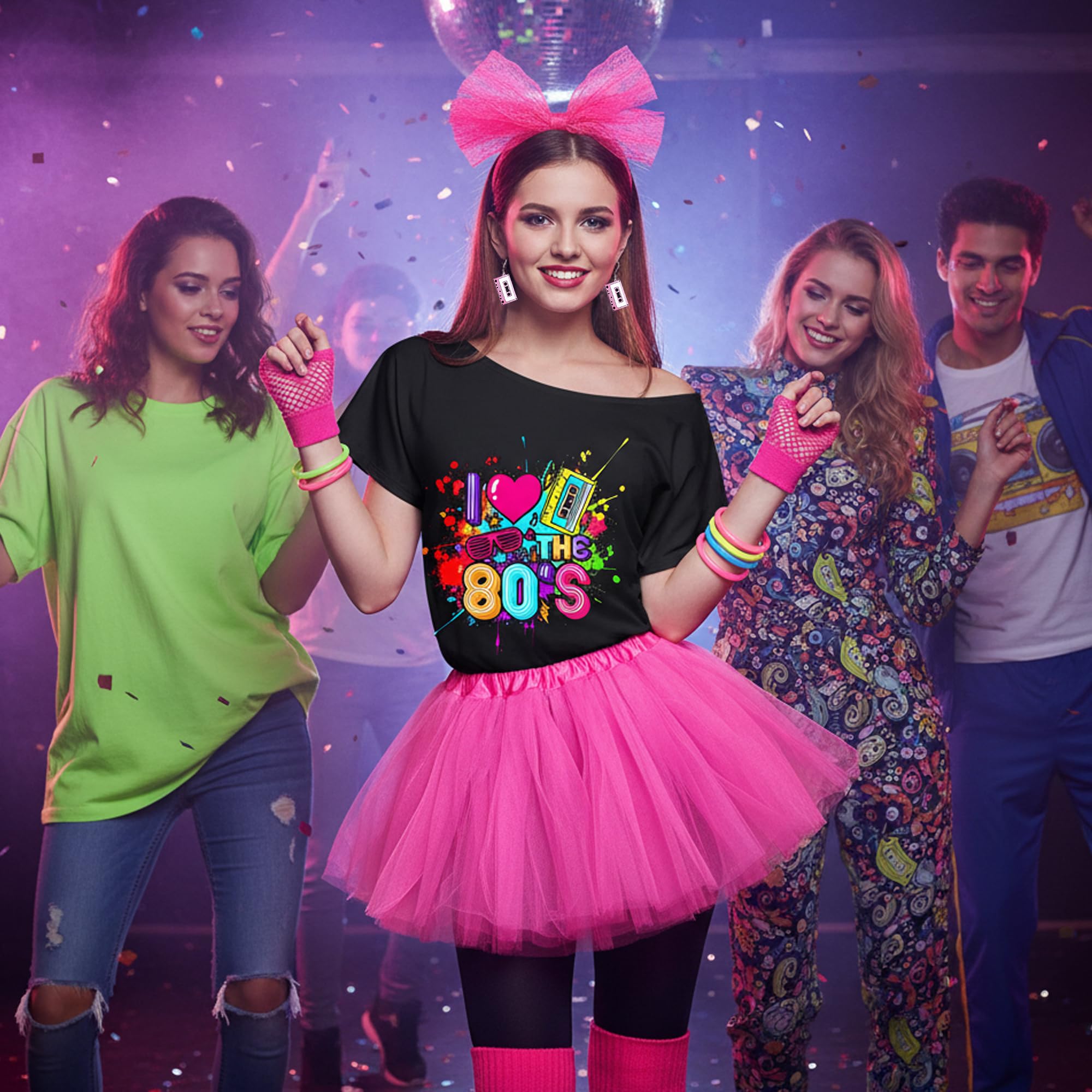 80er Jahre Outfit Damen Set - 80er kostüm Accessoires mit T-Shirt Tutu-Rock Stirnband Ohrring Neon Armband, Netzhandschuhe für Karneval Fasching Party Retro Mottoparty Kleidung