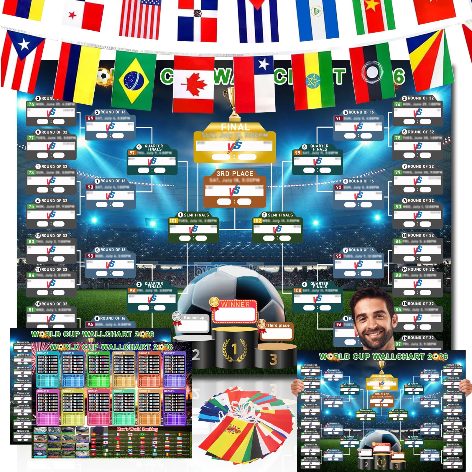 Drezesov 2026 World Cup Schedule Poster Set & 32 Countries String Flag Banner Set, A2 Size 2 Pcs World Cup Merchandise 2026 Calendar Wall Chart for Soccer Fans Gifts Home Bar Party Decor