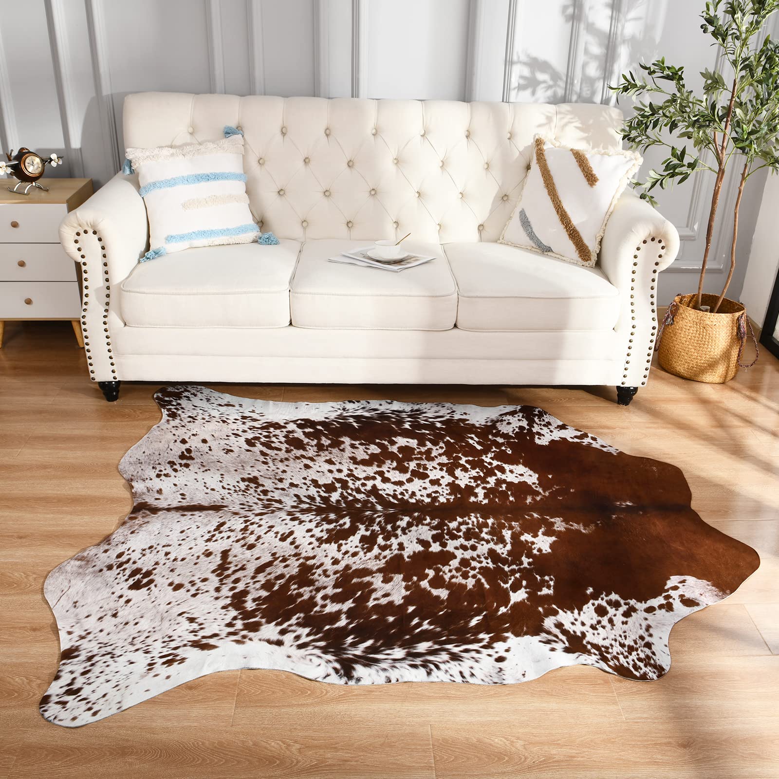 Faux Cowhide Rug for Bedroom Living Room Cowhide Rug Large Cow Print Rug 6.2 x 7 Feet Thickened Elastic Home Office Western Decor, Brown