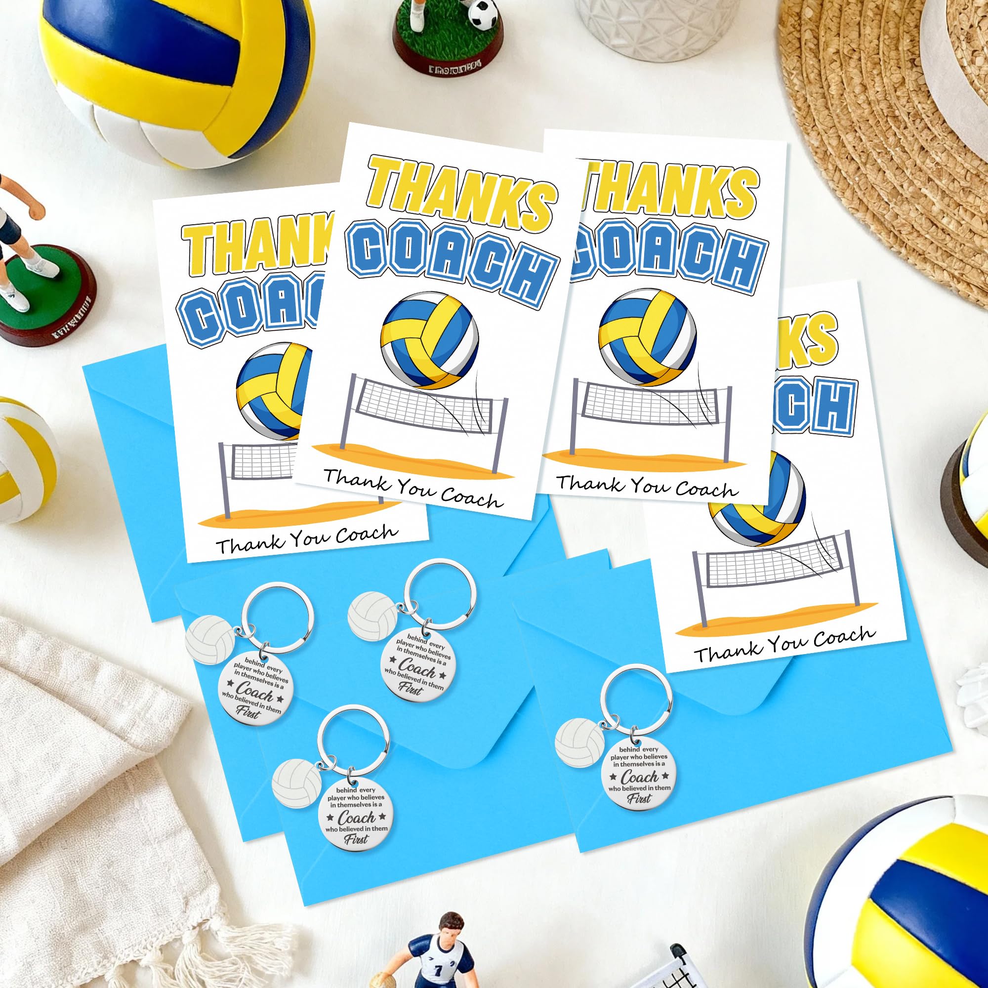 WATINC Coach Appreciation Gift Bulk - Thank You Volleyball Coach Gifts with 4 Thanks Card, Envelope, Keychain Set for Women Men, Thanks Volleyball Sports Teacher Greeting Cards for Farewell Birthday