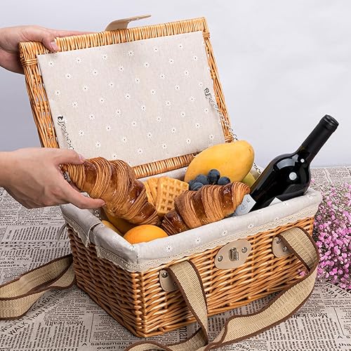 Miniatura 6 de JOLLY HOME Cesta de picnic para 2 personas, cesta de picnic de mimbre hecha a mano con dos asas de lona tejida y forro de lino lavable, cesta de