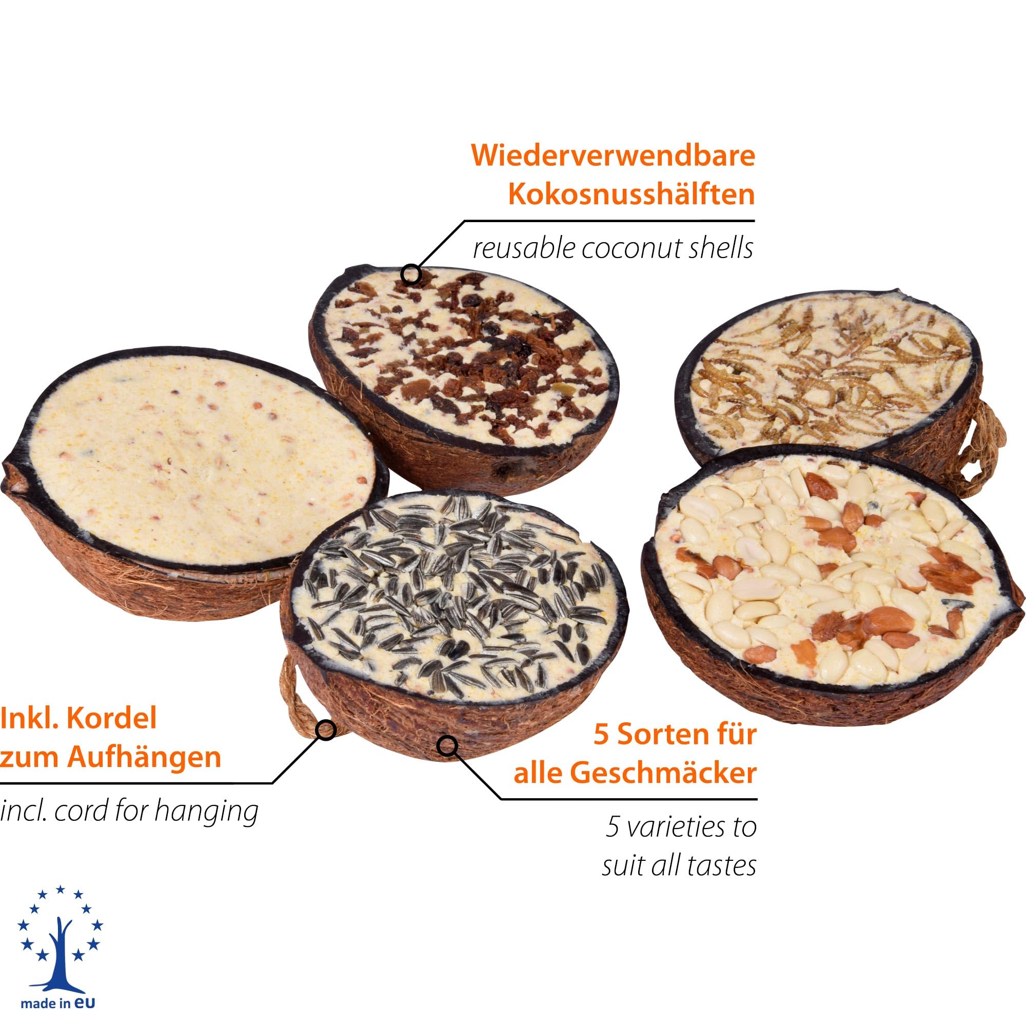dobar® 10x gefüllte Kokosnuss Vogelfutter zum Aufhängen - 5 Sorten Vogelfutter für die Ganzjahresfütterung - Fettfutter-Füllungen für Wildvögel - Wildvogelfutter 2 kg (1er Pack)