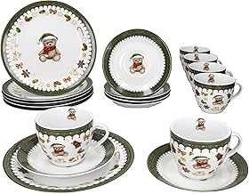 MamboCat Friend 18-Piece Coffee Service for 6 People | Christmas Breakfast Set Made of Porcelain with Teddy Bear, Gingerbread House etc. | Cups, Saucers & Cake Plates | for Christmas