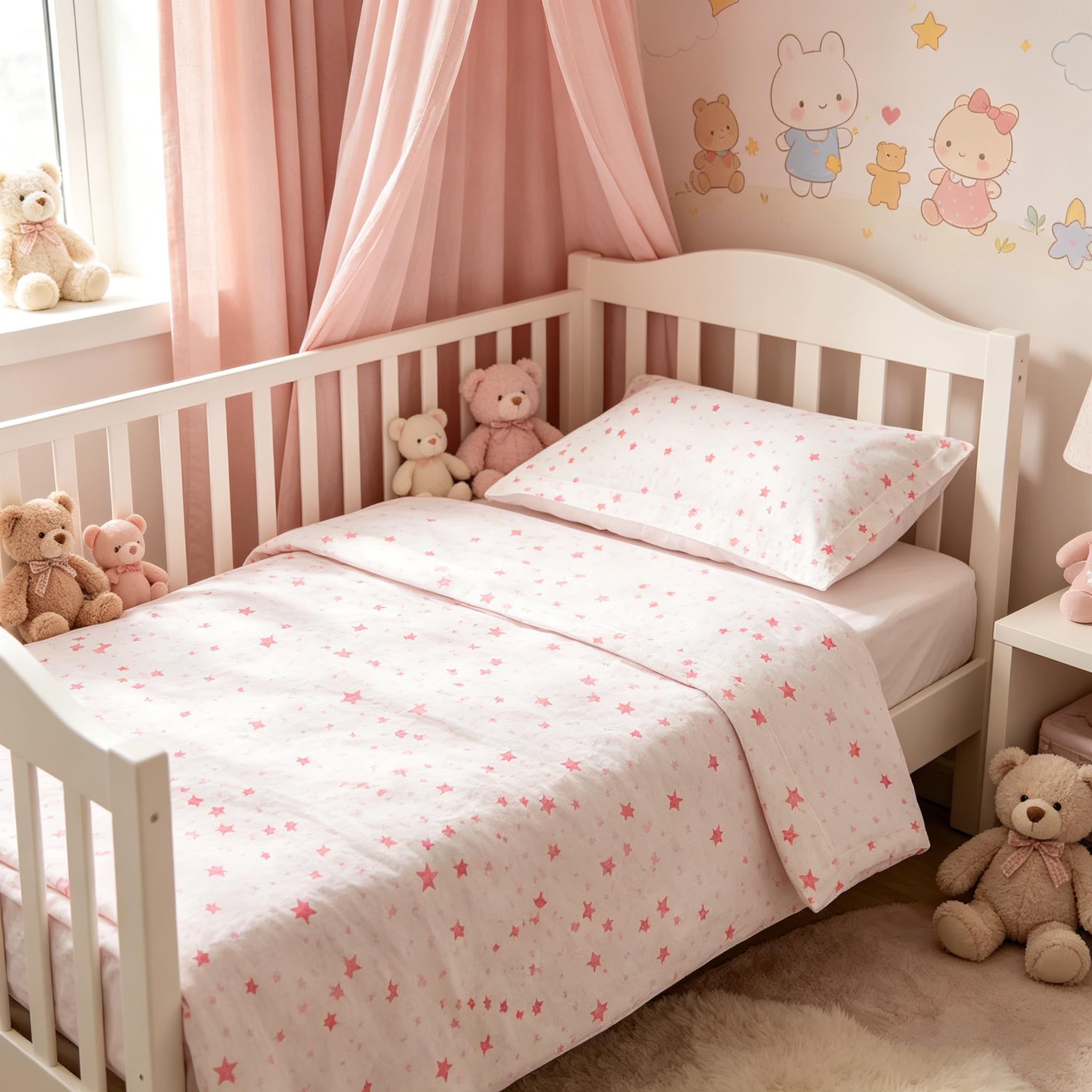 various Juego de Sábanas para Cuna Bebé 60x120 cm, 100% Algodón Extra Suave, Incluye Bajera Ajustable, Encimera y Funda de Almohada, Ropa de Cama Infantil Transpirable Estampado Luna Rosa/Blanco
