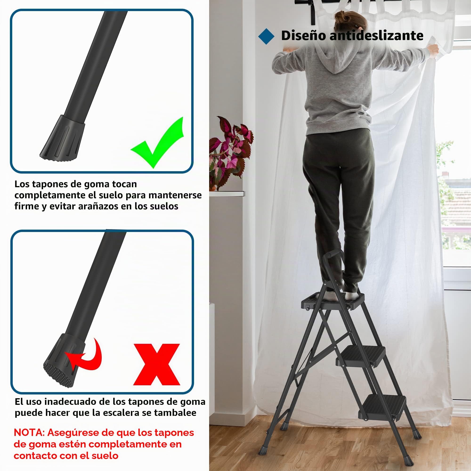 BONTEC Escaleras Plegables de 3 Escalones, Capacidad de 150KG con Pedales Antideslizantes Anchos, Taburete Escaleras de Mano de Acero, Manubrio de Esponja, Uso en Interiores y Exteriores, Negro