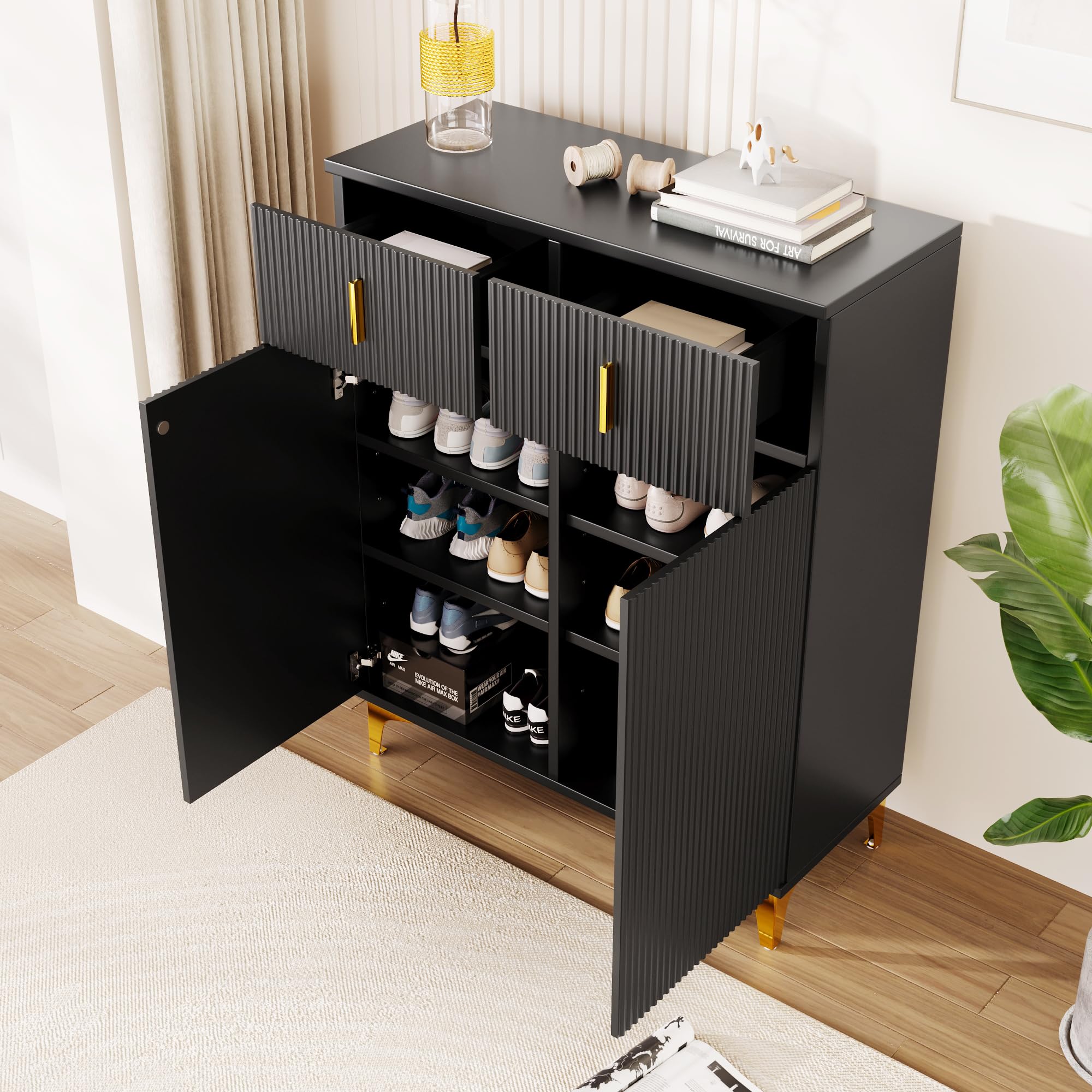 BTM Shoe Cabinet with 2 Drawers and Adjustable Shelves, Shoe Storage Cabinet with Structural Panels and Gold-plated Decorations