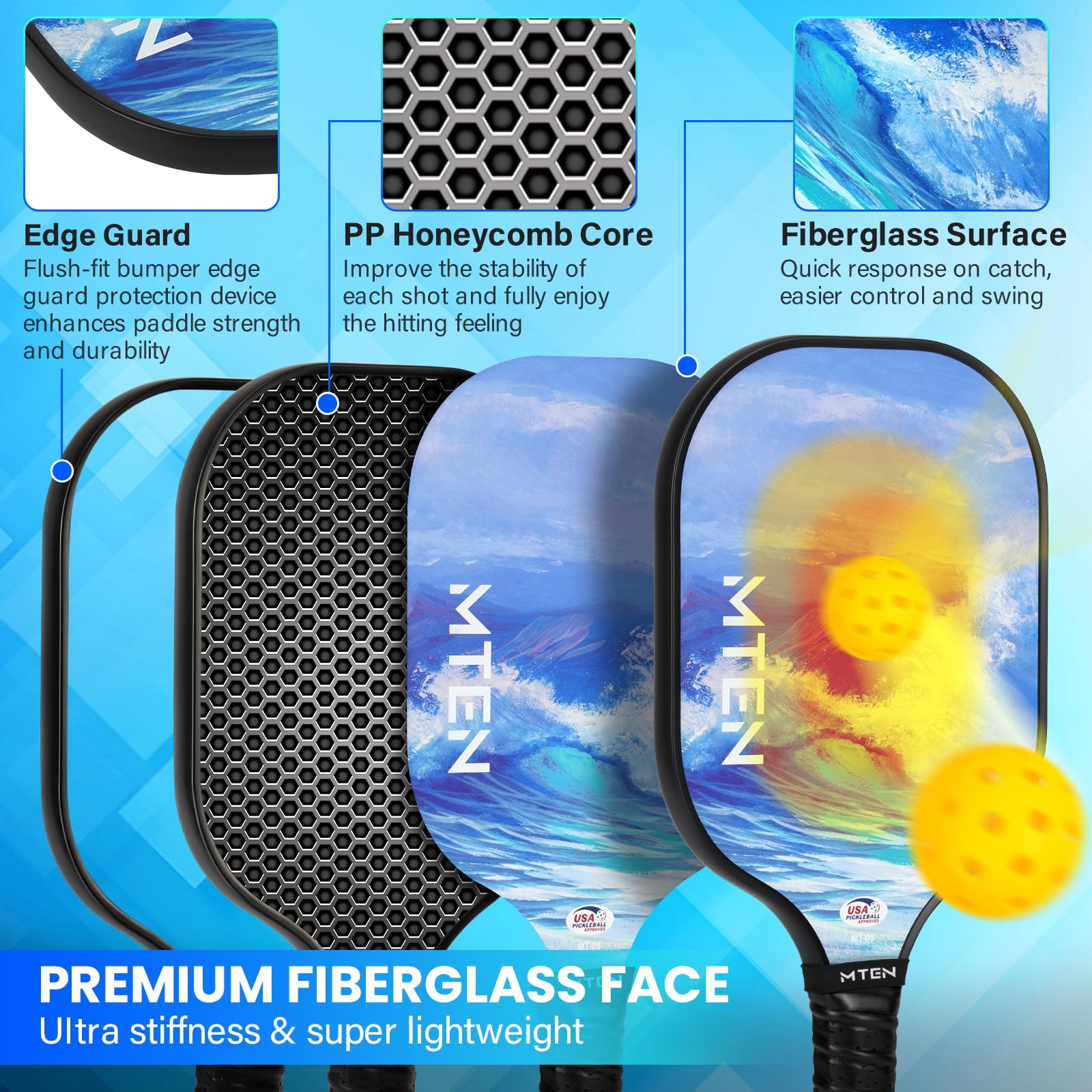 Pickleball Paddles, Pickleball Paddles Set of 2, USAPA Approved Fiberglass Surface Pickle Ball Set, 2 Paddle, 4 Balls, 1 Portable Carry Bag, Pickle Ball Paddle Set ​for Men Women