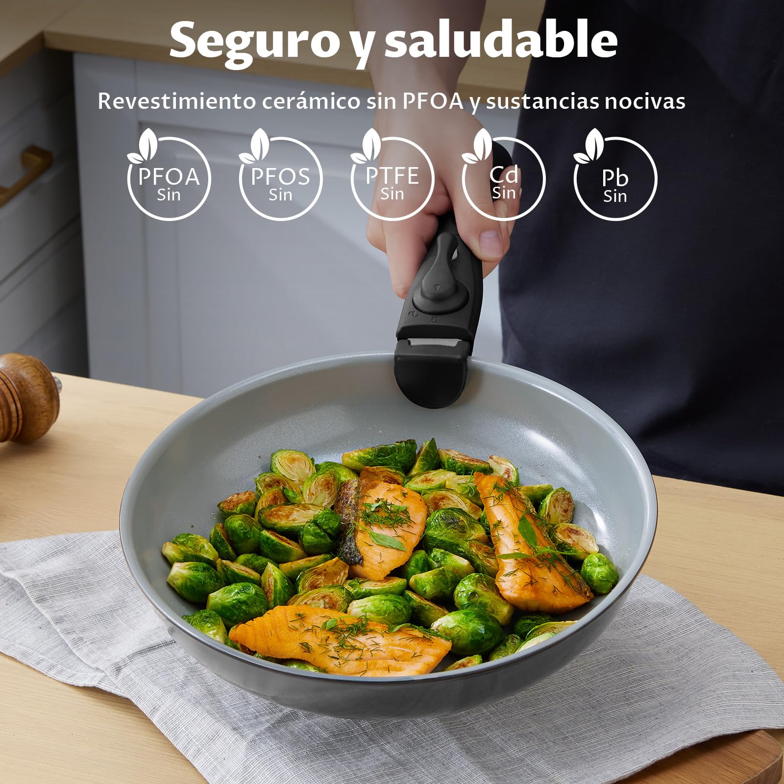 BEZIA Juego de Ollas y Sartenes de Cerámica 17 Pcs con Mango Extraíble | Sartenes antiadherentes sin PFOA/PTFE, aptas para todo tipo de cocinas, ideales para camping y espacios pequeños
