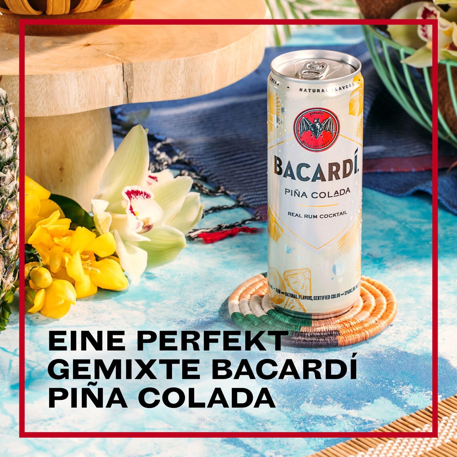 BACARDÍ Piña Colada, 10% Vol., 12 x 25 cl/250 ml, Ready-To-Drink Cocktail in der Dose, trinkfertig mit BACARDÍ Carta Blanca Rum, Ananas und Kokosnuss