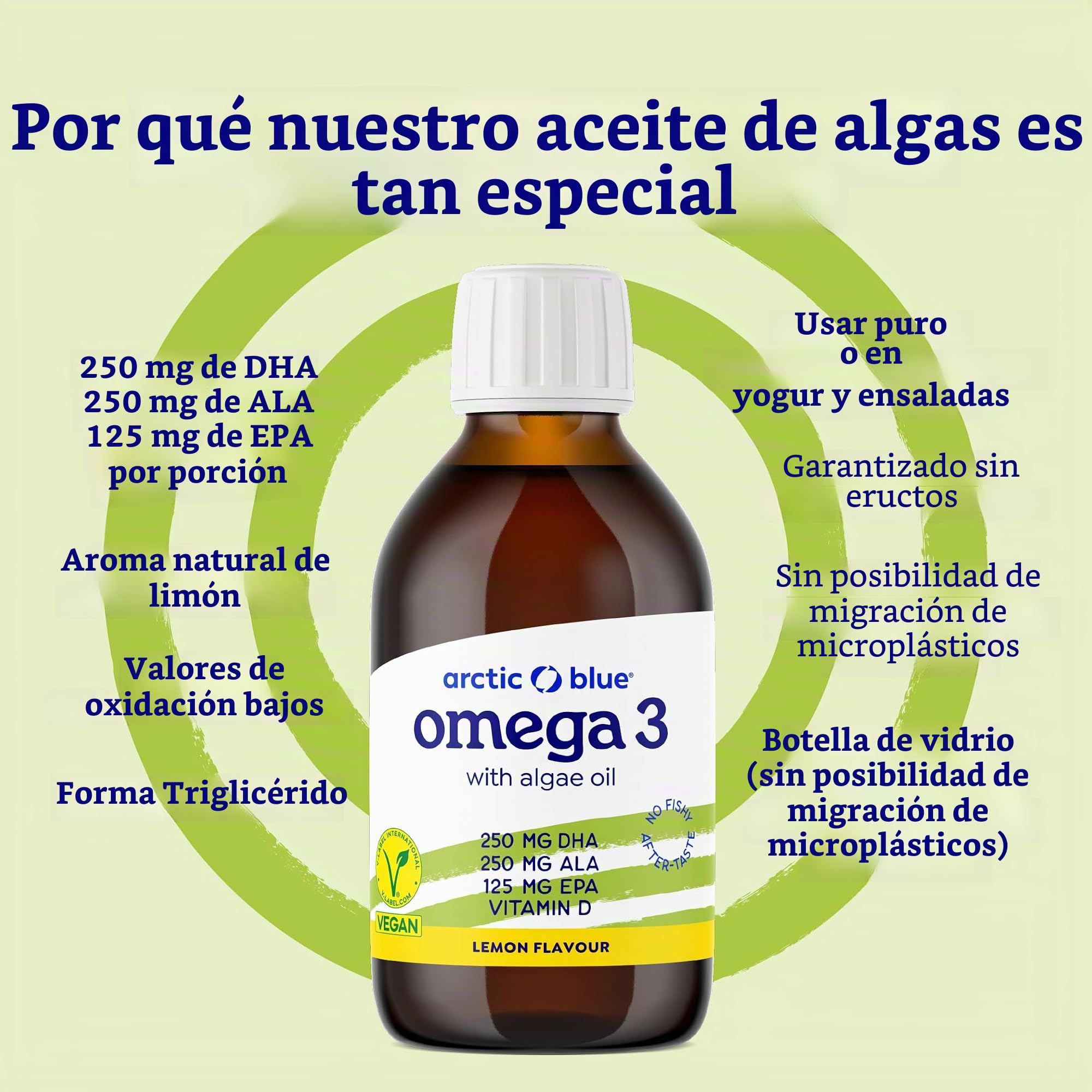 Arctic Blue Aceite vegano Omega 3 Premium – 150 ml – 250 mg DHA & 125 mg EPA & 250 mg ALA por porción – Contiene aceite de algas y aceite de cáñamo, con vitamina D, alta dosis, vegano y líquido