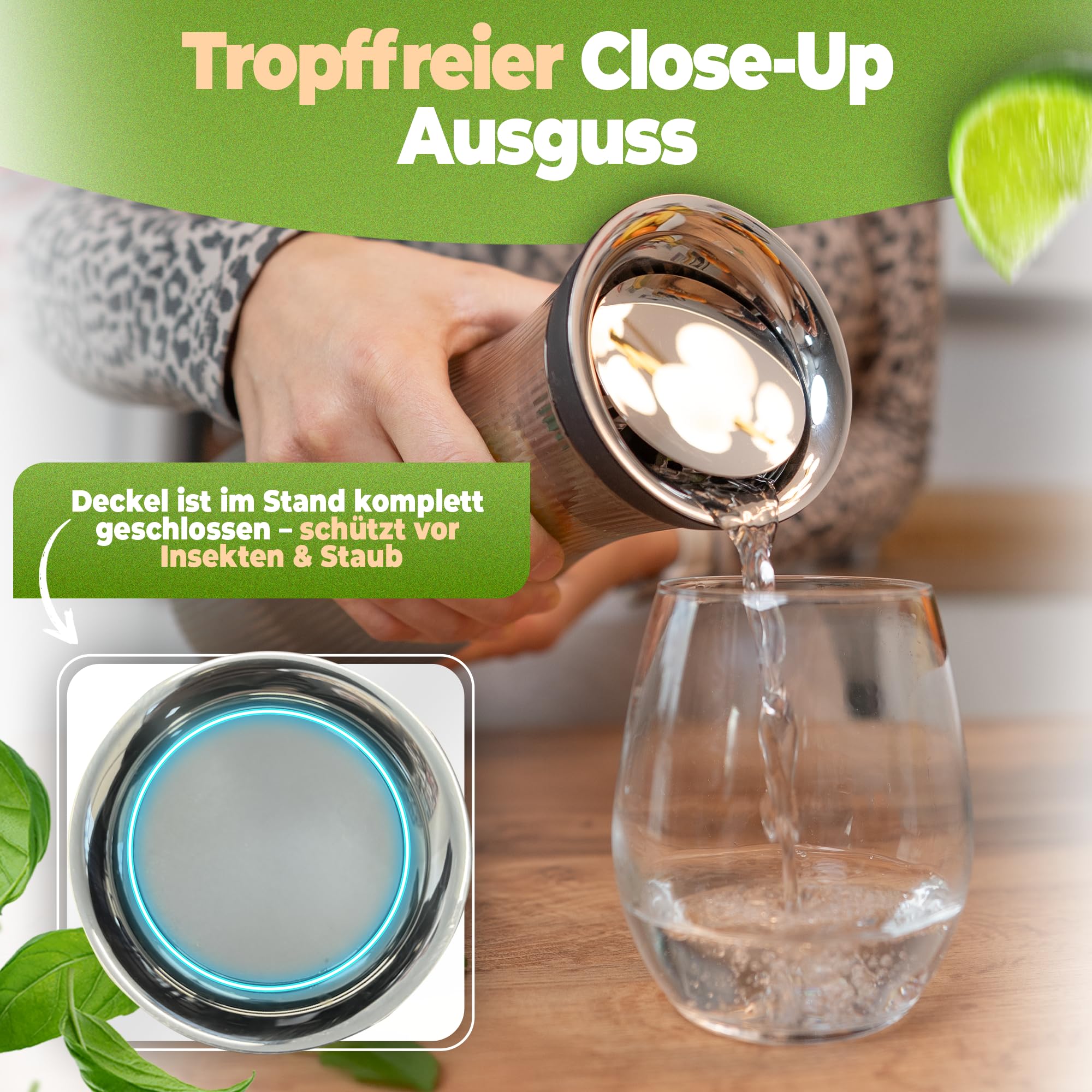 CLIDOR Caraffa per acqua con coperchio, 1 l, elegante barattolo per fumo, in vetro antigoccia, con coperchio in vetro borosilicato, elegante brocca per acqua con colino, ideale per liquido amniotico