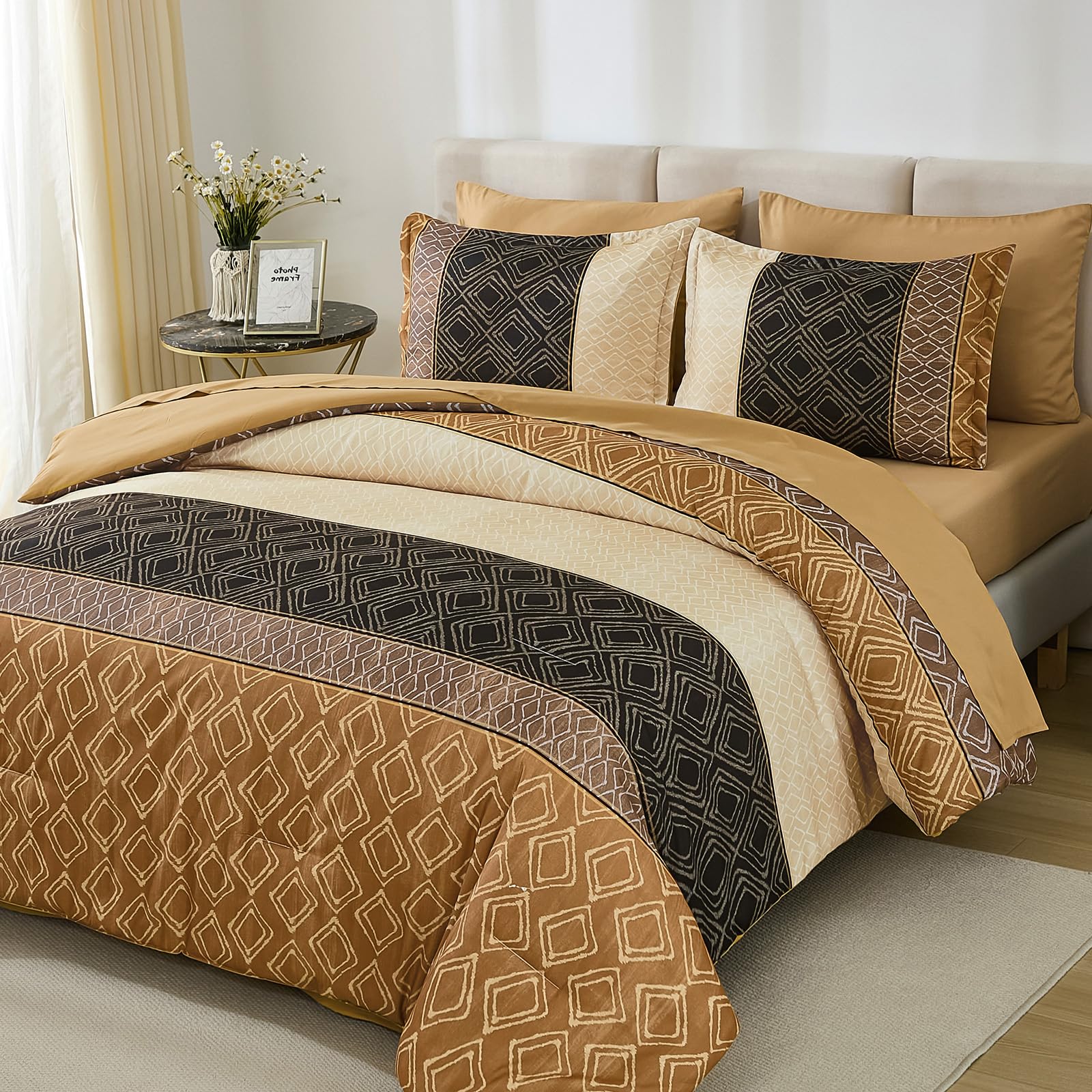 Dinjoy Full Size Comforter Sets Boho, Brown Striped 7 Piece
