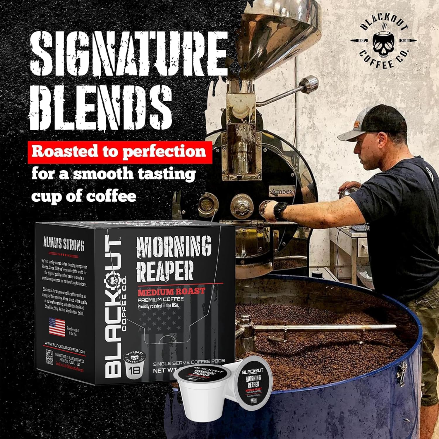 Blackout Coffee Morning Reaper Coffee pods – Medium Roast Coffee Pods, Bold & Smooth Flavor, Aromatic – 18 Count.
