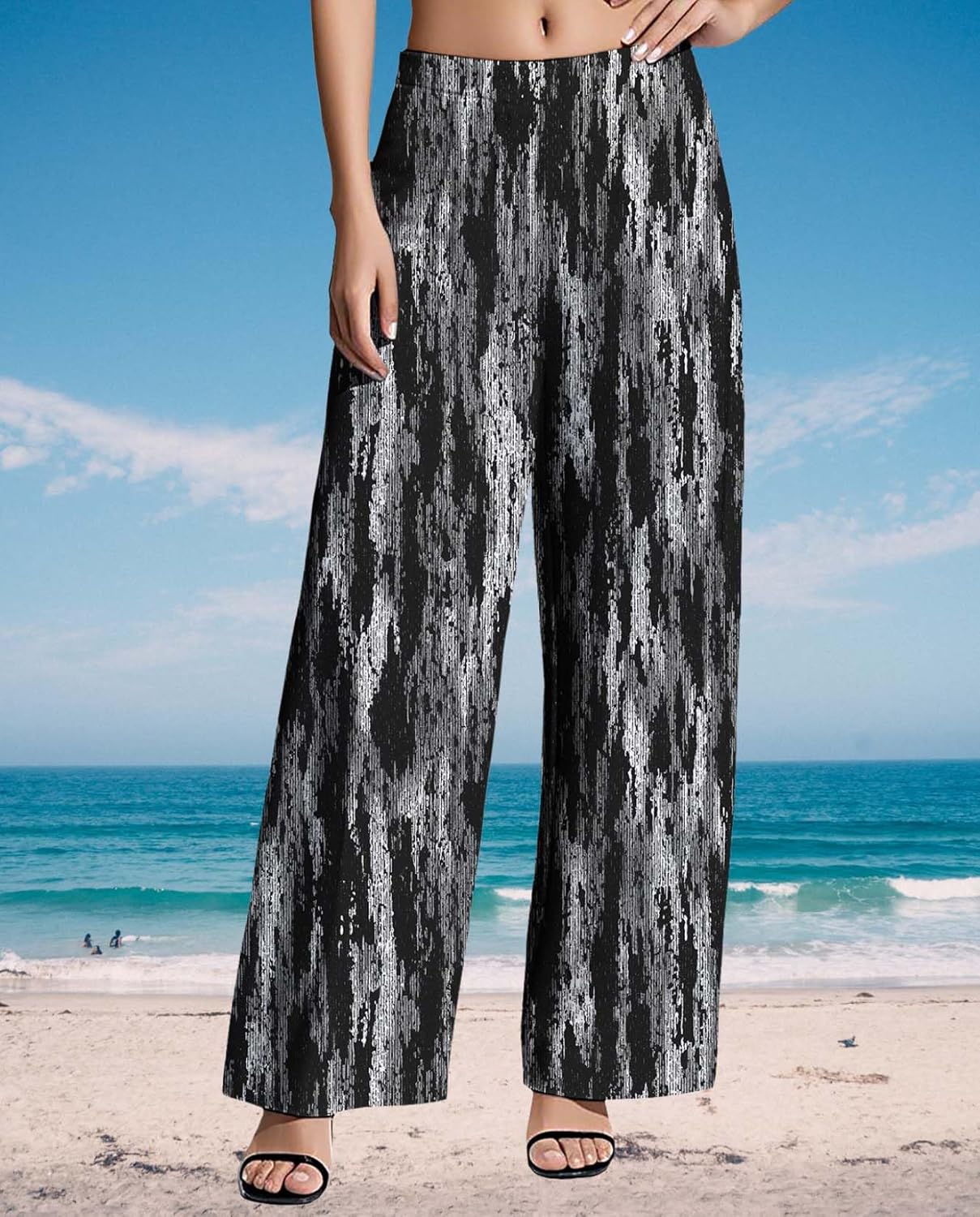 Womens Wide Leg Pants Plus Size High Waisted Pattern Print Lounge Trousers Classic Basic Comfy Work Office Pant - Image 3