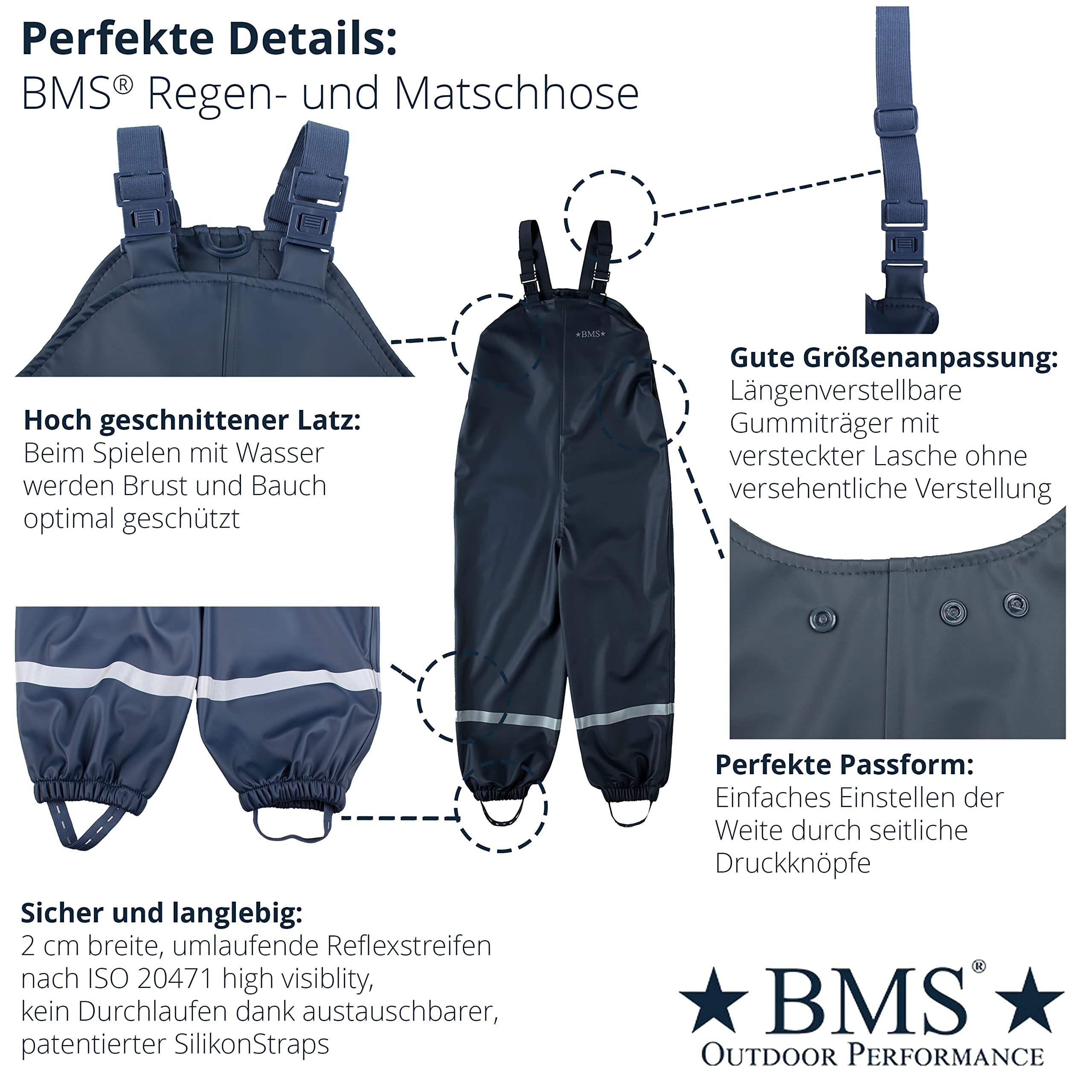 BMS® Regenhose für Kinder mit Latz, ideale Matschhose und Buddelhose, 100% wasserdicht, besonders hautfreundlich und weich Softskin, Oeko-Tex, strapazierfähig, langlebig für Mädchen, Jungen