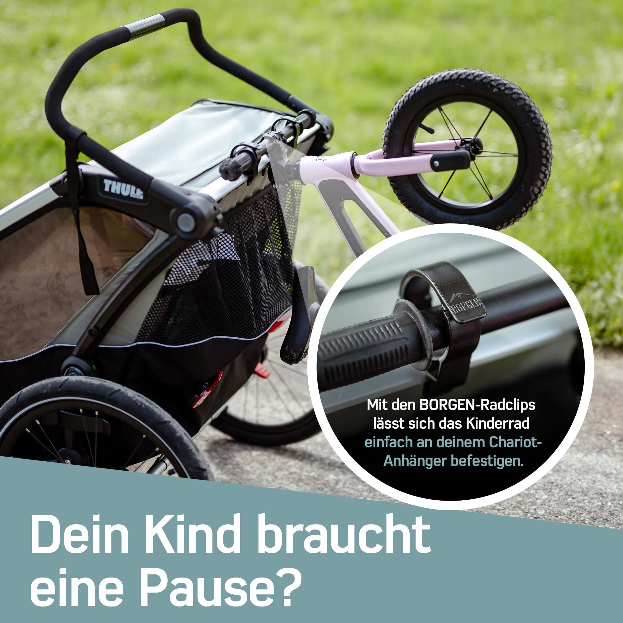 Borgen Clip Fahrrad- und Laufradhalterung für Thule Chariot, schwarz | Für Kinder geeignet, passend für Thule Chariot ab 2017-2023, Rad-Größe 2 bis 14 Zoll, Traglast bis 10 kg