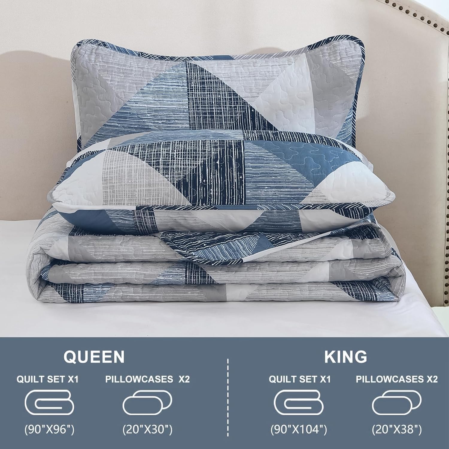Dintszyayue Quilt Queen Size Blue, 3 Pieces Patchwork Bedspread Bedding for Queen Size Bed, Soft Lightweight Microfiber Geometric Coverlet Set for All Season Quilt with 2 Pillowcases - Image 7