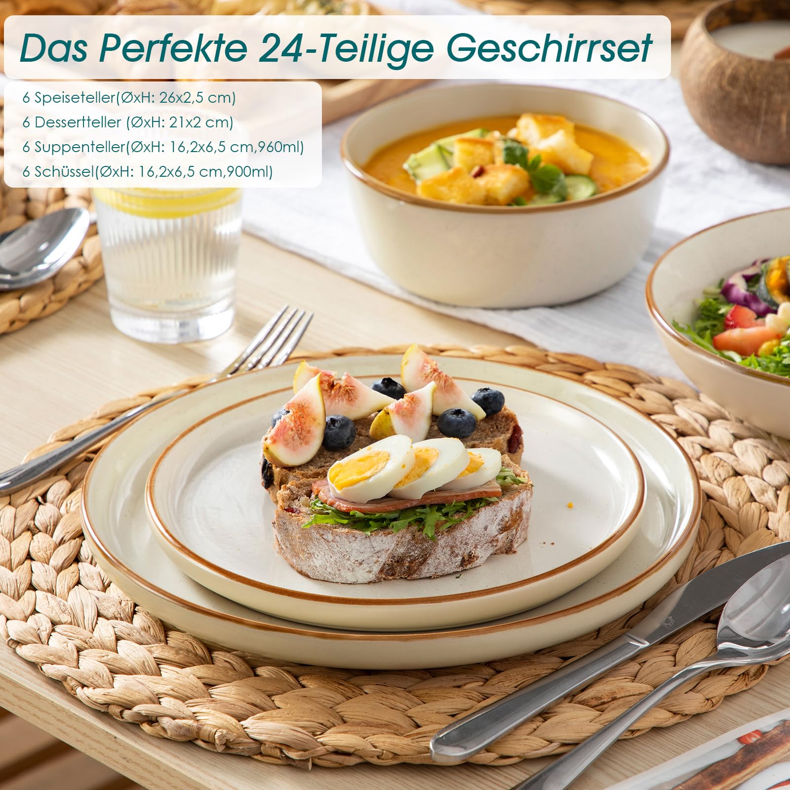 Geschirrset 6 Personen, vancasso RENO 24-tlg Steingut Teller Set Modern, Tafelservice mit Speiseteller, Suppenteller, Dessertteller, Schüsseln, Geschirr Spülmaschinenfest & Mikrowellengeeignet, Beige