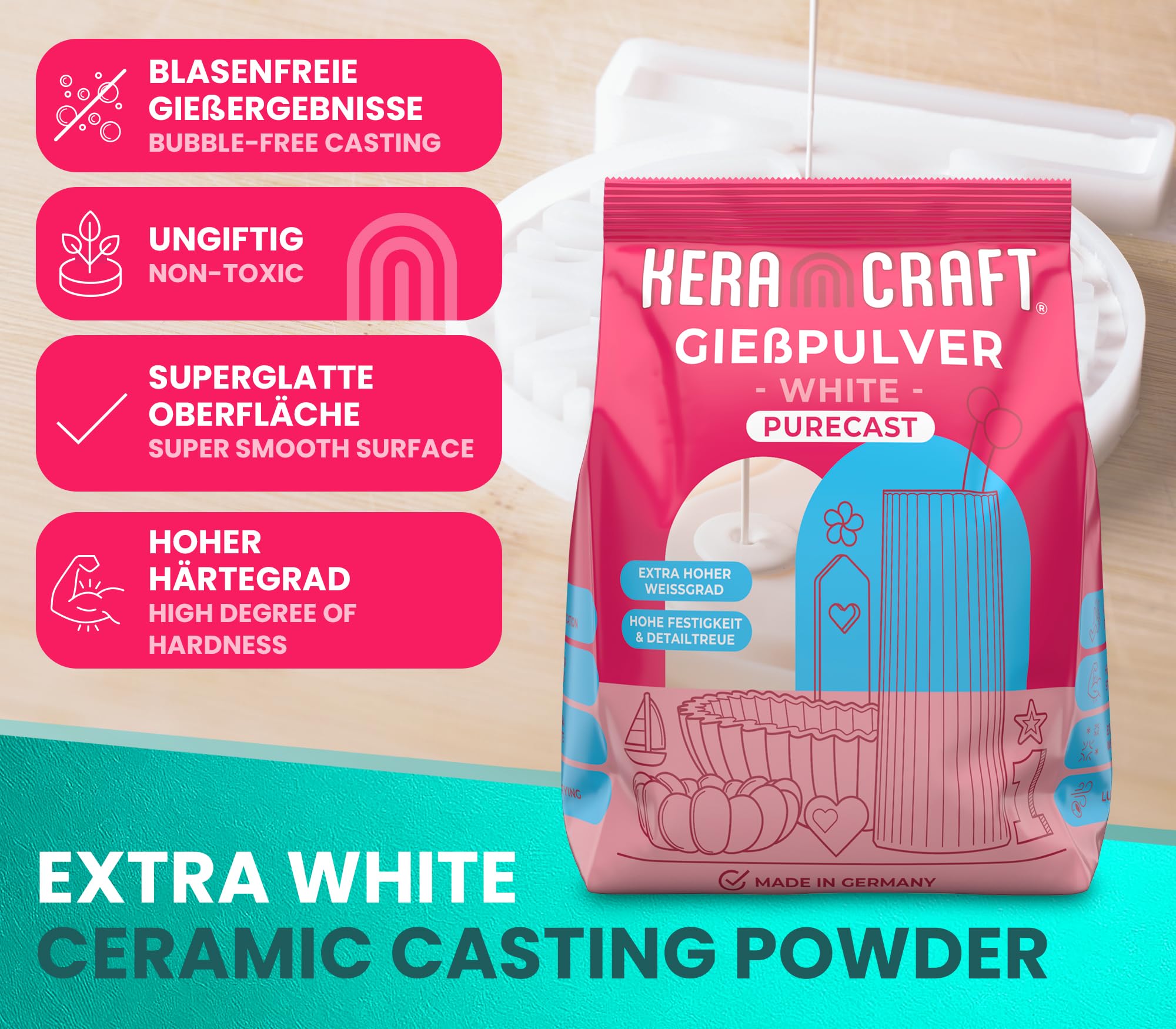 KERACRAFT Purecast Gießpulver weiß 2x4,5kg - Extra weißes Reliefgießpulver für kreative Projekte