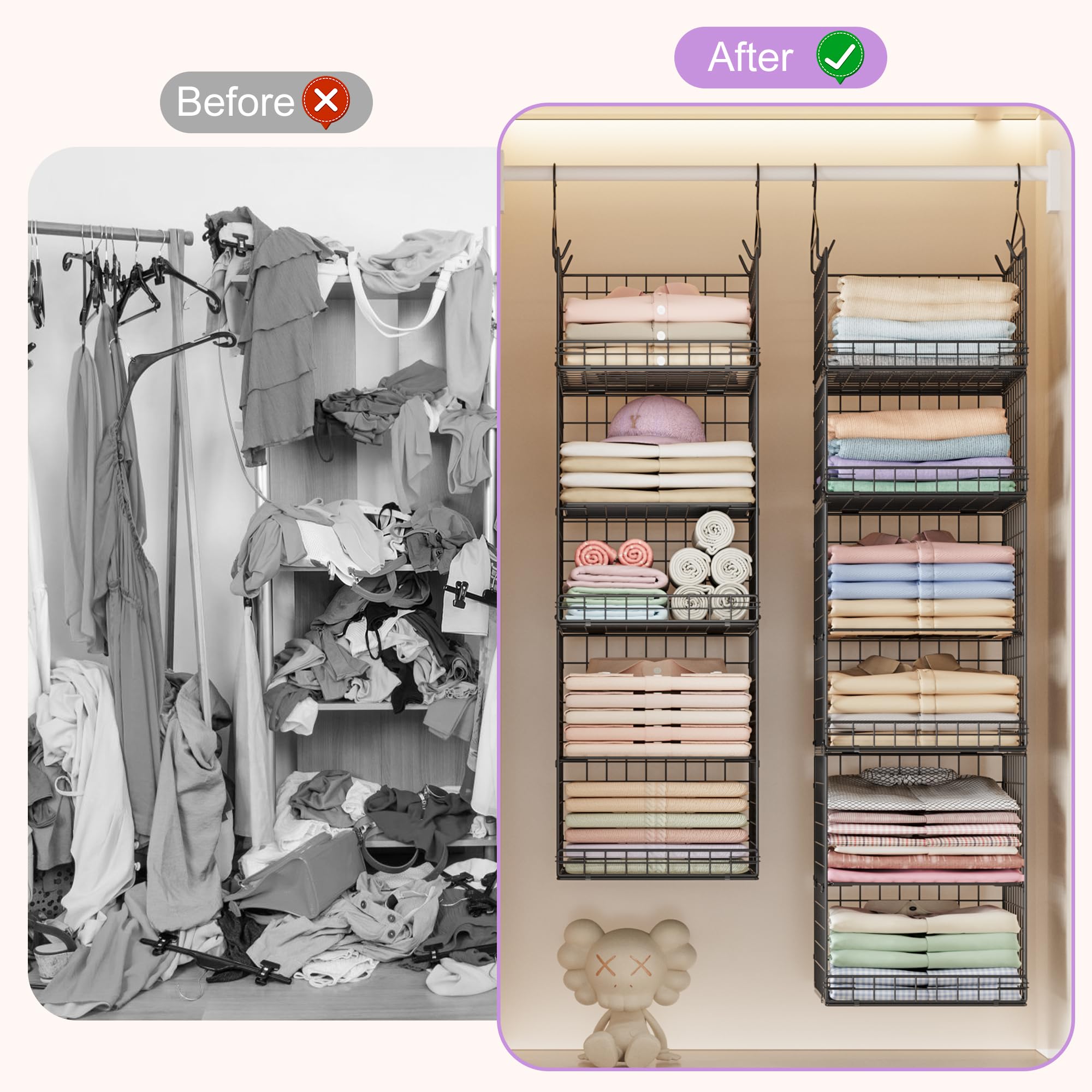 6 Tier Hanging Closet Organizers and Storage Stackable Hanging Closet Shelves with 4 Hooks 2 Adjustable Dividers, Wire Storage Basket Bins for Clothing Purse Sweaters Shoes Socks Dolls, Foldable: 5-Tier Black