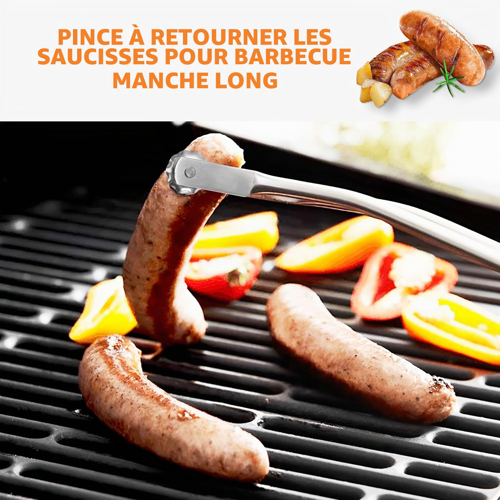 Hysenm Lot de 2 pinces à saucisses BBQ en acier inoxydable à long manche pour griller et retourner
