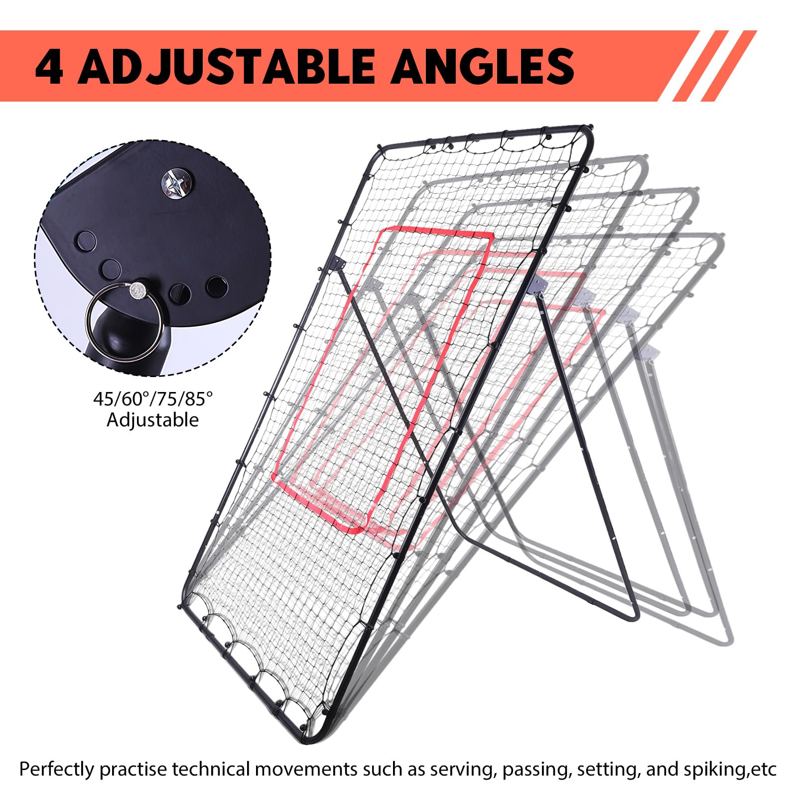 Rebounder siatka do siatkówki ze strefą uderzeniową 2,2 x 1,2 m, regulowana siatka do siatkówki 45°/60°/75°/85°, wielofunkcyjny sprzęt treningowy dla dzieci i dorosłych, idealna do softballa, piłki