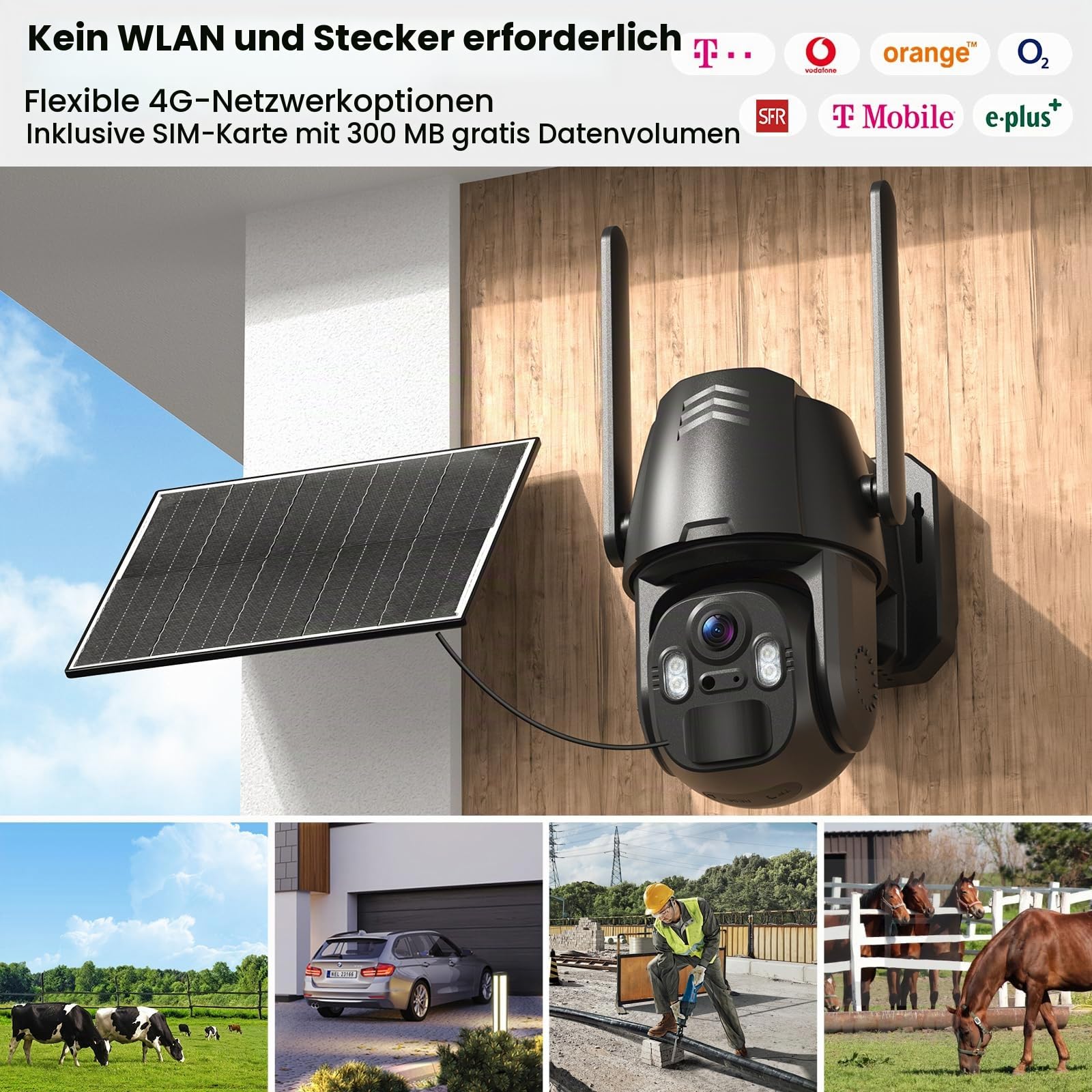 AMOROM 3G/4G LTE Überwachungskamera Aussen Solar mit SIM Karte, 2K Kamera Überwachung Akku Ohne WLAN mit Farb Nachtsicht, Bewegungserkennung, IP66 Wasserdicht