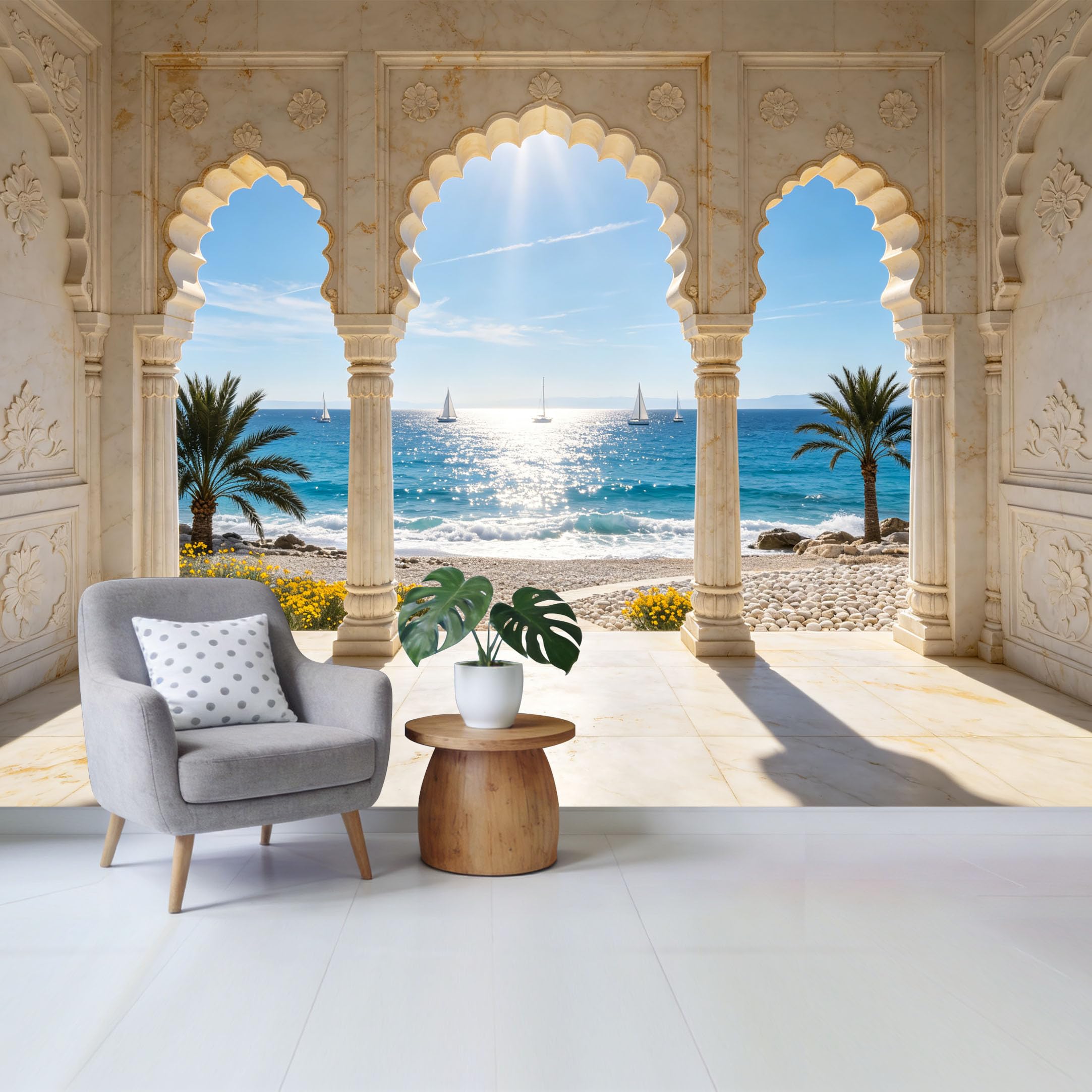 Custom Size Wall Mural Coastal Mediterranean Arch Ocean View with Palm Trees and Sailboats Removable Self Adhesive Fabric Home Wall Decor for Living Room Bedroom Bathroom