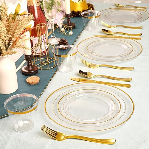 Miniatura 5 de FOCUSLINE 100 Count Clear Gold Plastic Plates 10 Inch, Disposable Heavy Duty Clear Plates with Gold Rim, Premium Hard Plastic Plates Fancy