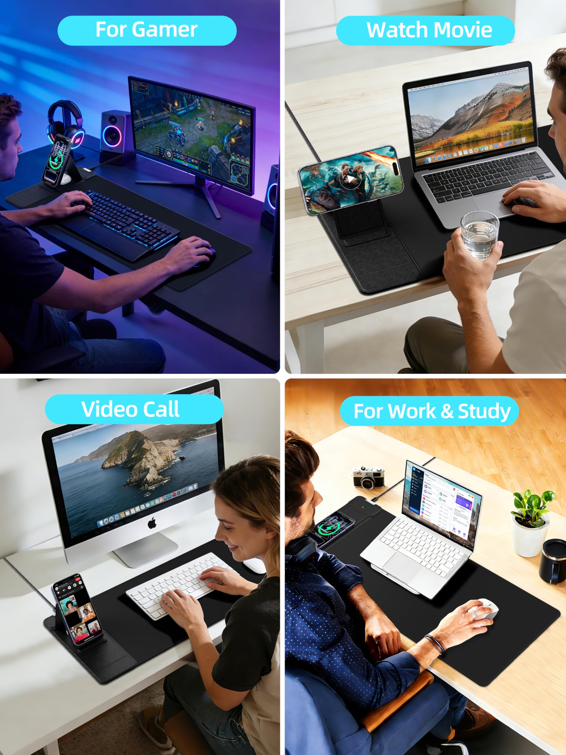 Tappetino per mouse con ricarica wireless magnetica e supporto regolabile per telefono, tappetino da scrivania esteso da 70 x 30 cm, tappetino per tastiera impermeabile ultra liscio, base antiscivolo