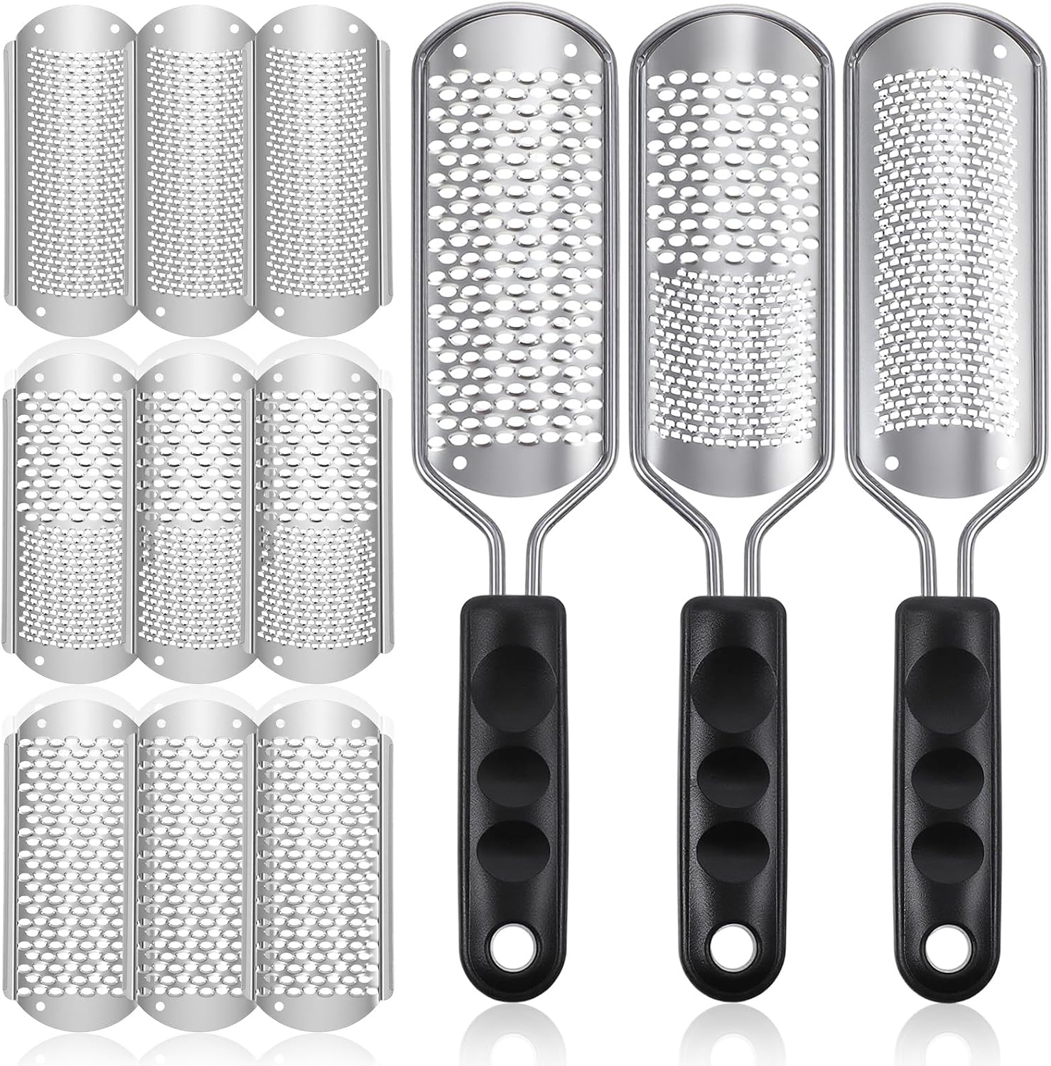 12 Pcs Foot File Callus Remover Replacement Blades Metal File Callus Remover Shaver Blades Hard Skin Remove Stainless Steel 2 Designs Big/fine Hole for Detachable Foot Scrubber