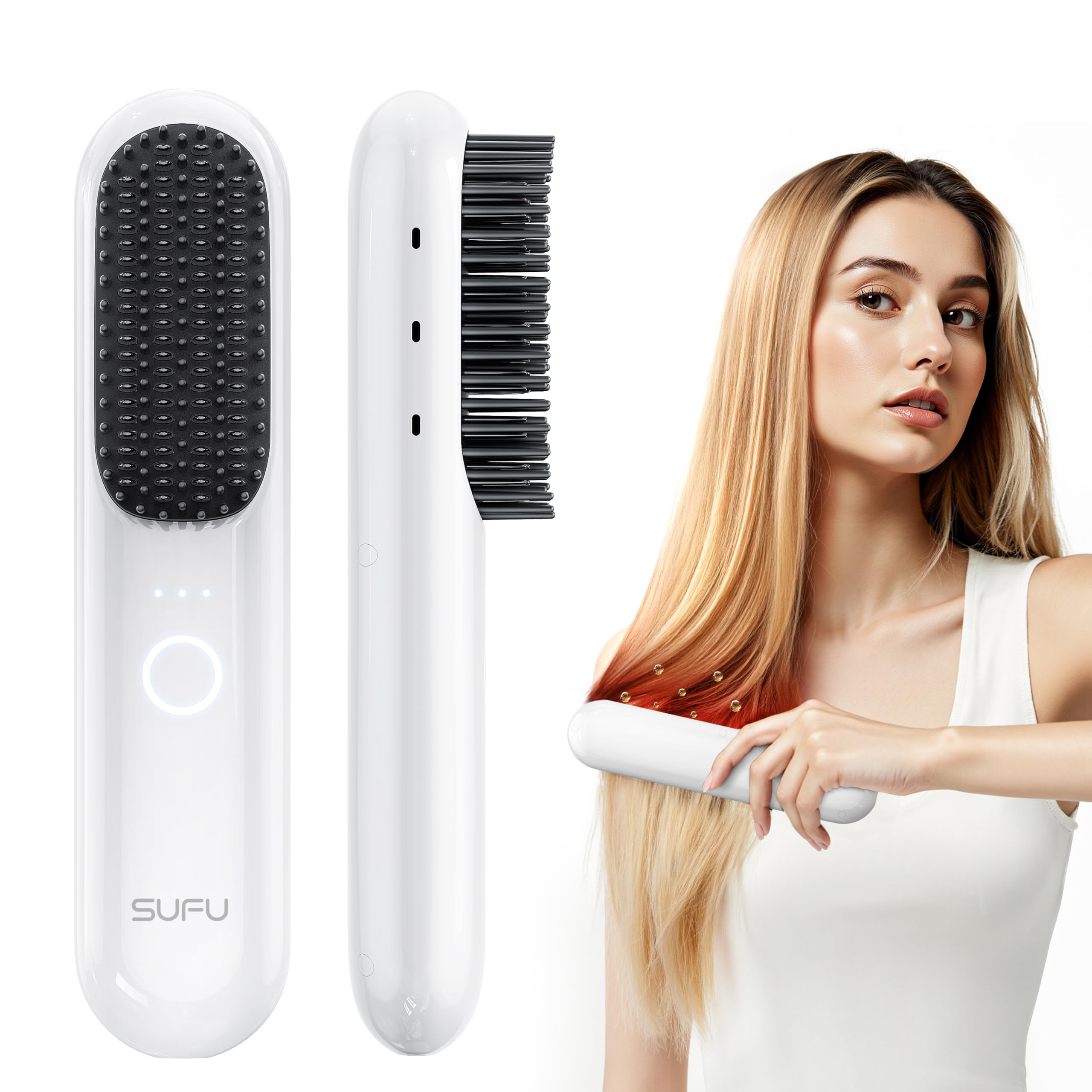 SUFU Cordless 2-in-1 Straightener Brush - 200M Negative Ions, 3 Heat Settings (320°F~410°F) | 9000mAh Battery & Auto-Shutoff, Safe for Travel & All Hair Types