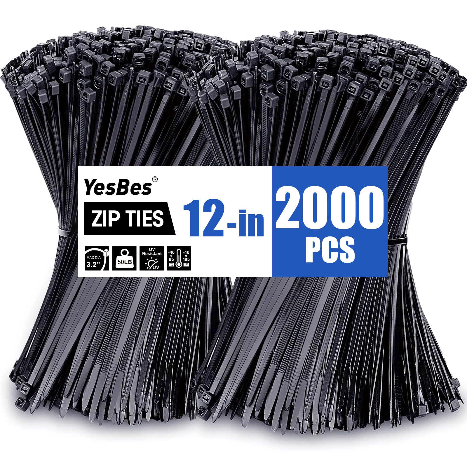 Confezione da 2000 fascette per cavi, 30,5 cm, nere, resistenti, in plastica di alta qualità, con resistenza alla trazione di 22,7 kg