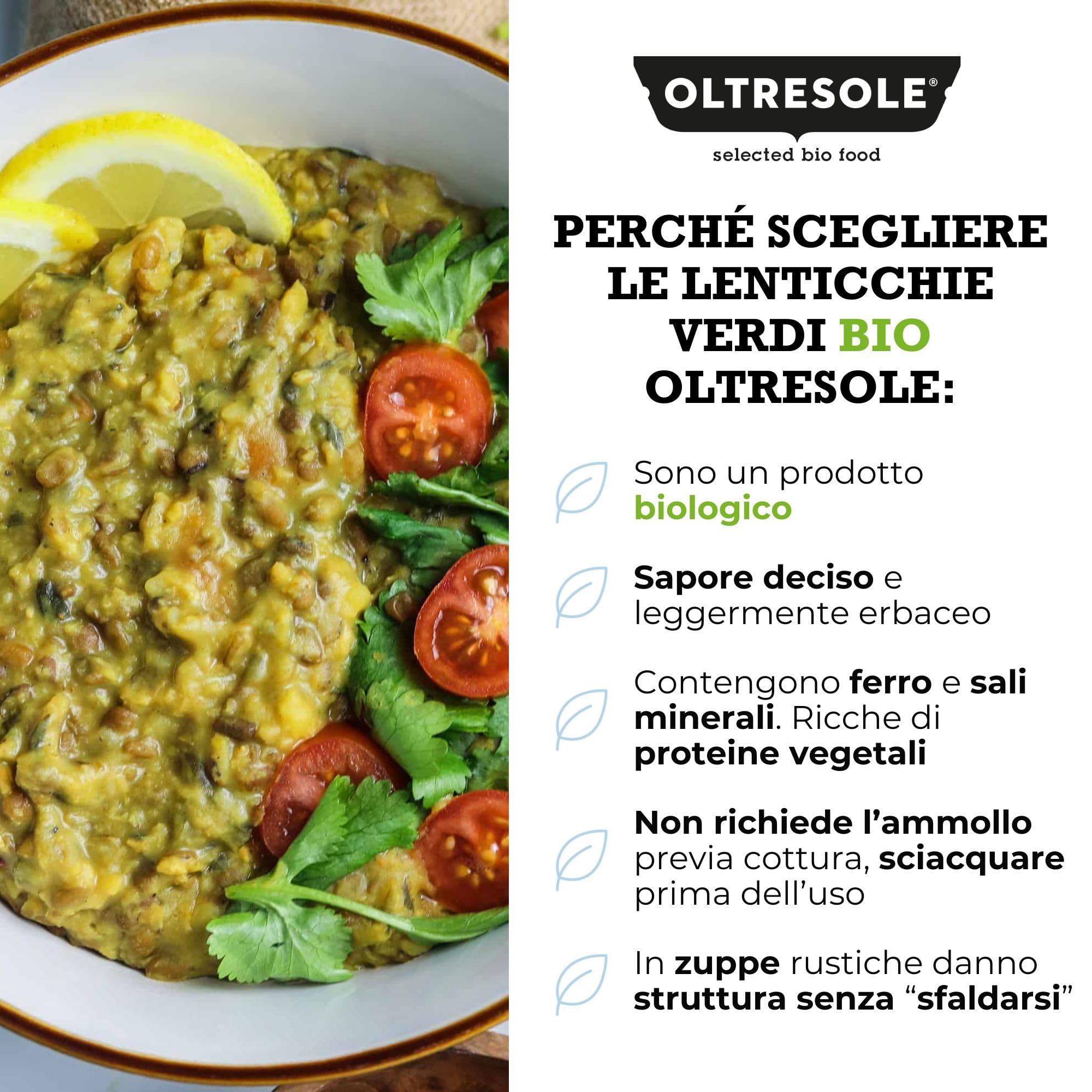 Oltresole, Lentilles vertes biologiques 5 Kg, Légumineuses entières biologiques séchées, source de protéines et de fibres, riches en fibres et en sels minéraux, format pratique